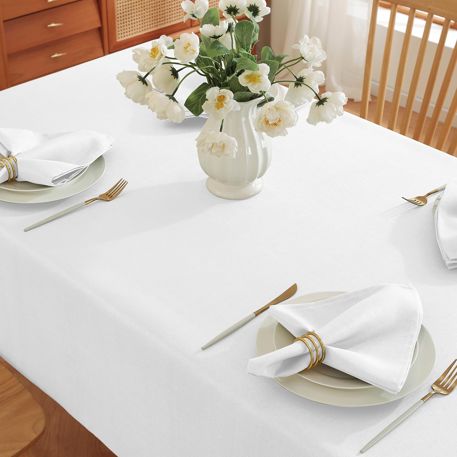 SASTYBALE White Tablecloth 60x102 Inch Rectangle - Linen Textured, Washable, Water Resistant & Wrinkle Free Cover for Family Daily Meals, Dinners,