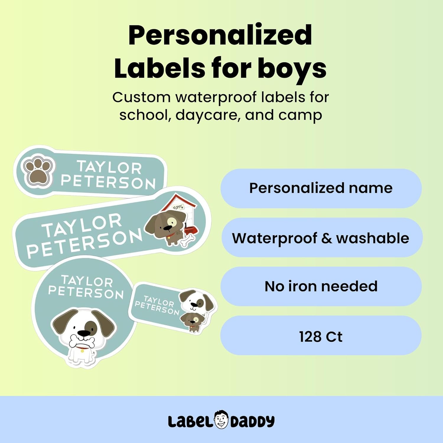 Custom Name Labels for Boys – Waterproof No-Iron Personalized Stickers for Daycare, School & Camp – Washable Multi-Size Labels for Bottles, Backpacks, Shoes & More – 90 or 180 Ct | Puppy Design
