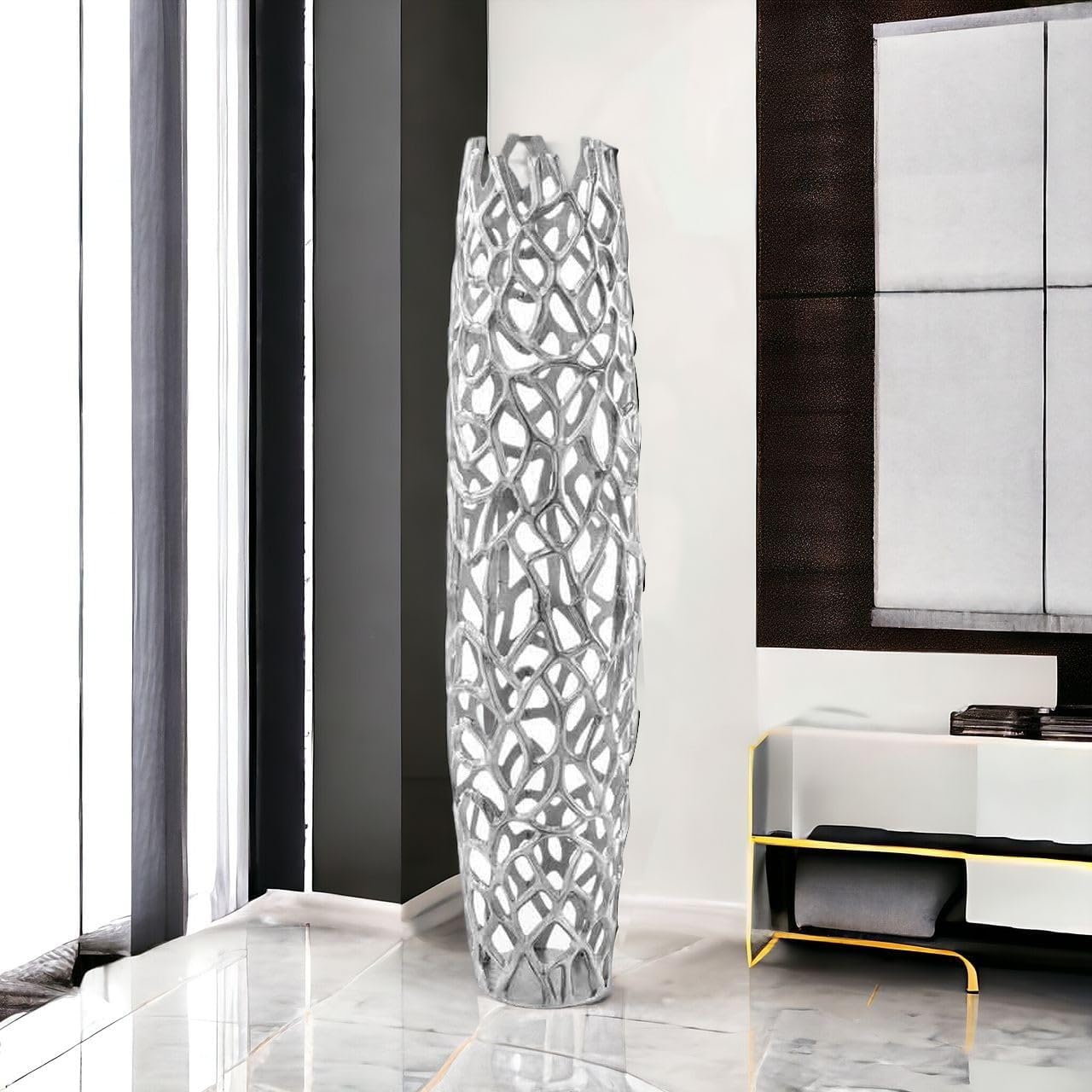 Modern Day Accents 3597 Rama Silver XL Twigs Barrel Floor Vase, Statement Piece, Tall Standing, Corner Decor 9" Lx 9" W x 40" H, House & Office Decor