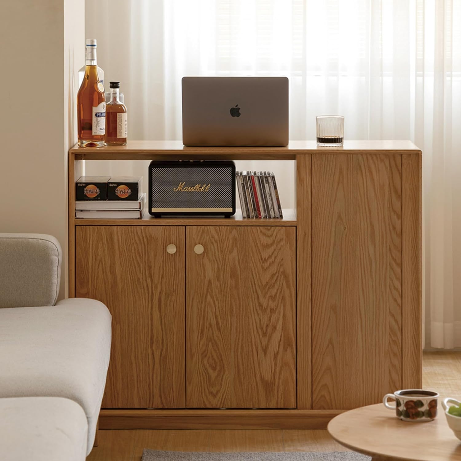 Solid Oak Sideboard Coffee Bar Cabinet, Double-Sided Storage with Fluted Glass Sliding Door & Drawers, Fully Assembled Mid-Century Modern Cabinet for Kitchen, Dining & Living Room