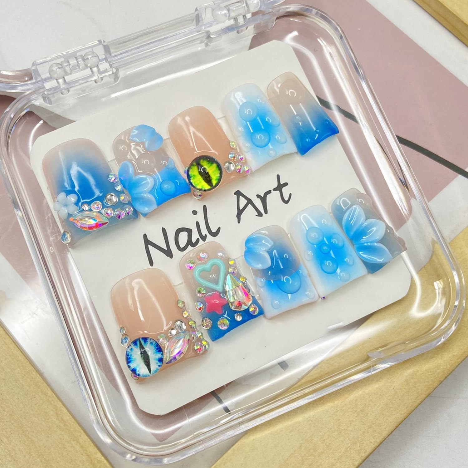 Handmade Press on Nails Duck Short Fake Nails with 3D Rhinestones and Heart Designs Flower Press on Nails Gradient French Acrylic for Women Art