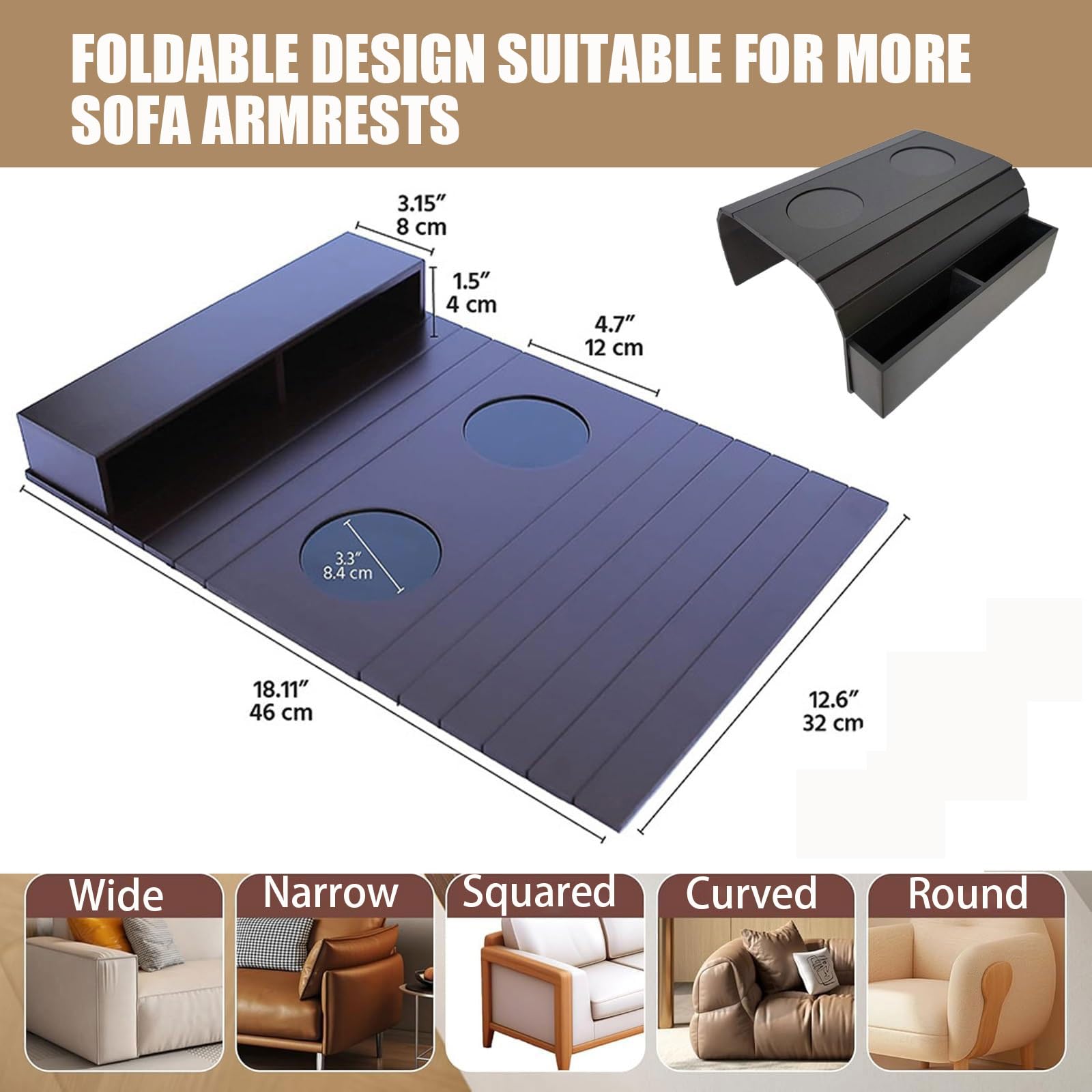 Organizador De Reposabrazos Sofá,Bandeja para Brazo de Sofá,con 2 Portavasos,Plegable con Bolsillo Lateral,para Hogar,para Revistas Snacks o Bebidas y Remoto,Teléfono