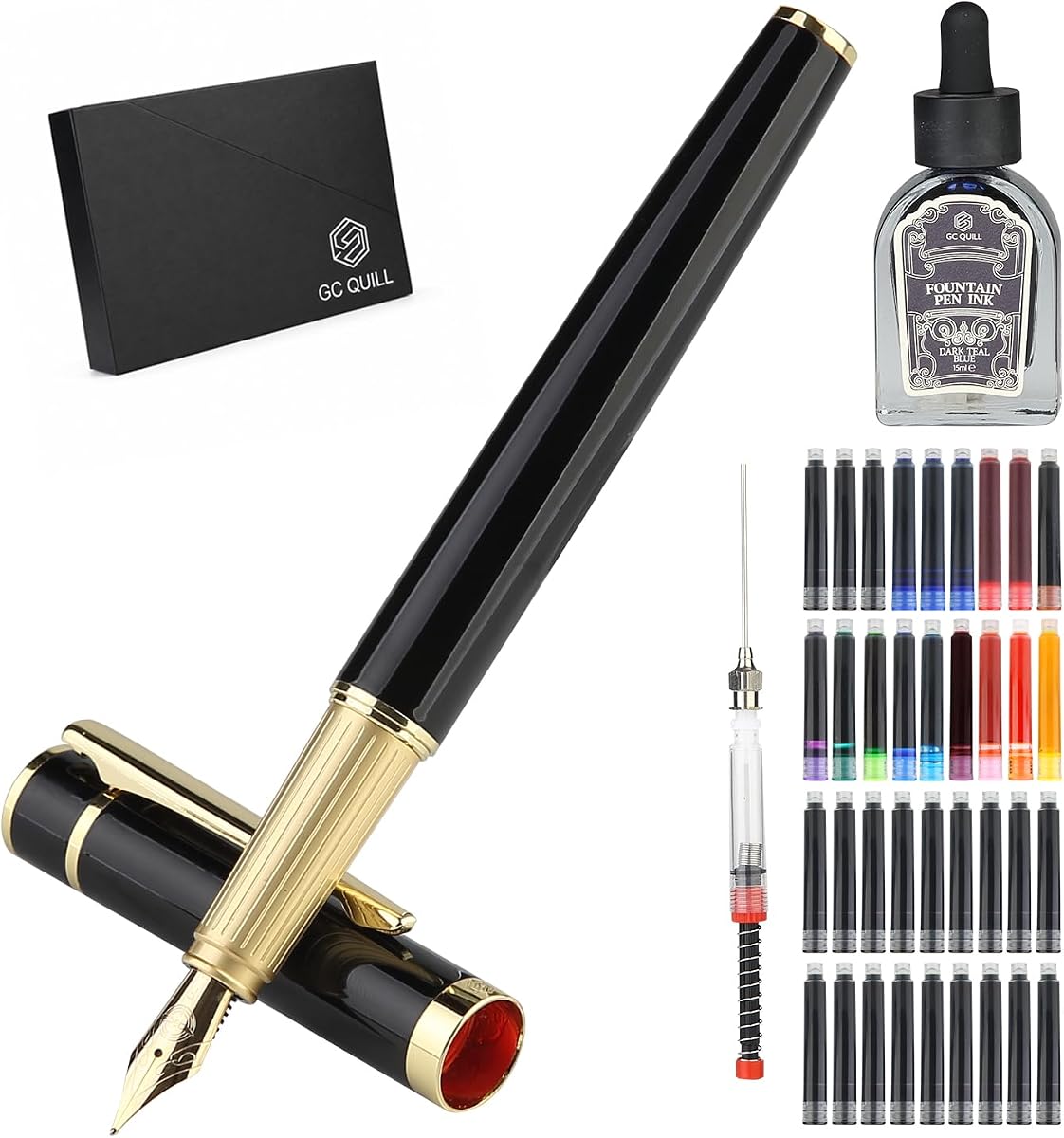 Fountain Pen Set, Elegant Executive Fine Nib Pen with Ink Converter, Refill Tool, Black & Assorted Cartridges, Bottled Ink, Gift for Journaling, Writing, Office and Beginners (Black & Gold)