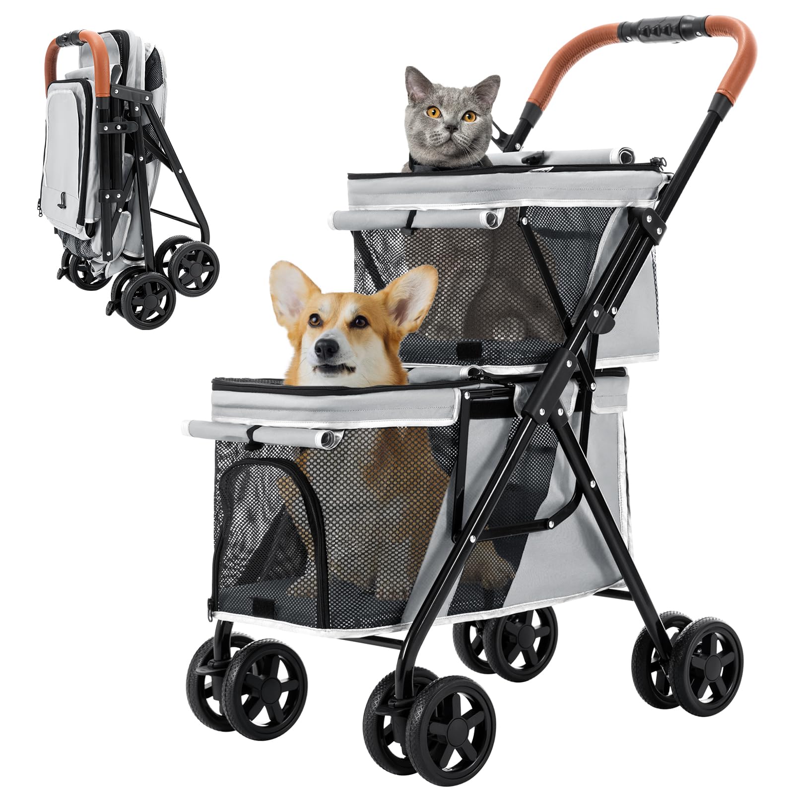 LPOTIUS Double Pet Stroller for Dogs and Cats, One-Hand Folding Dog Stroller Travel Carriage for Small Medium Dogs Cats, 4 Wheels, Gray
