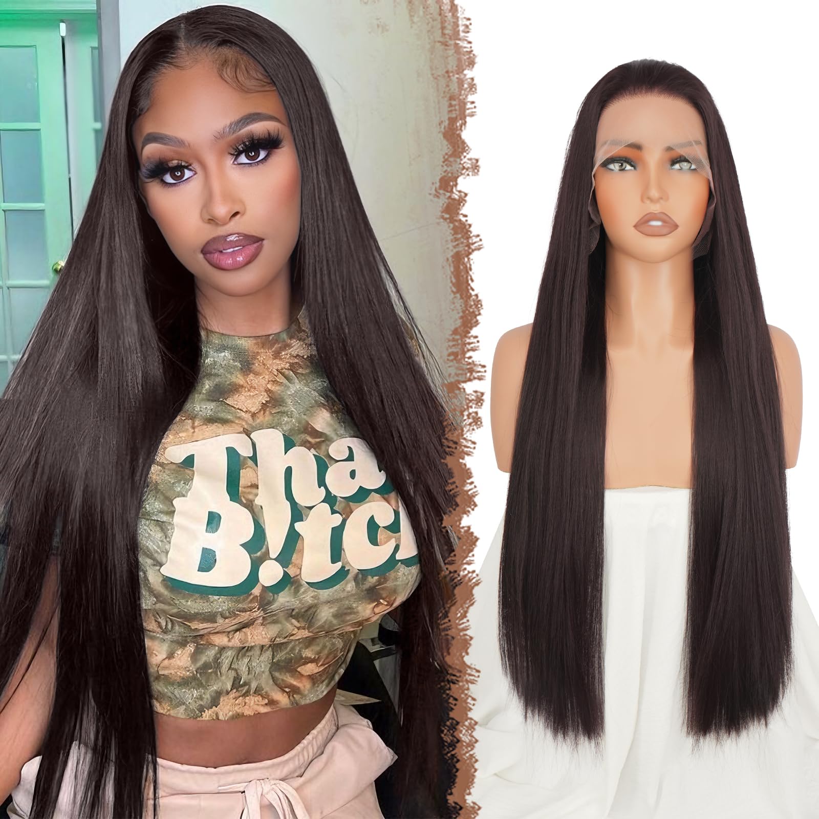 FESHFEN Długie Proste Ciemny Brąz Peruka - 13x4 Koronkowym Przodem Peruki Lace Front Wig Syntetyczna Peruka Odporna na Ciepło Naturalnym Peruki dla Kobiet, 75 cm