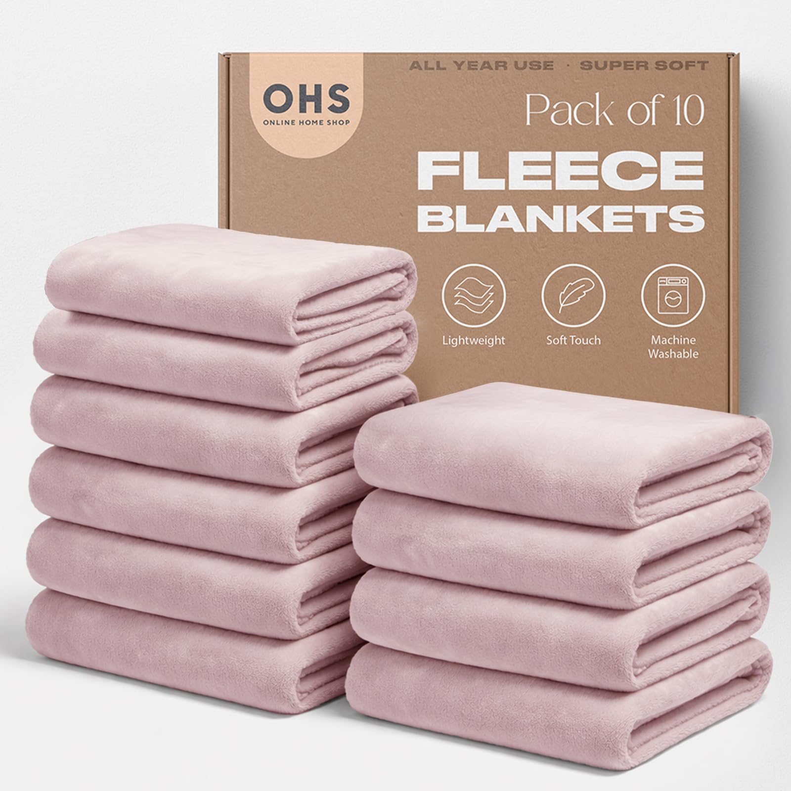 OHS Wholesale 10 x Plain Flannel Fleece Blankets Bulk Pink Throw, Gifts for Women Super Soft Cosy Warm Blankets for Bed Sofas Double Bed Throw Lightweight Throw Blanket, Blush Pink - 150 x 200cm