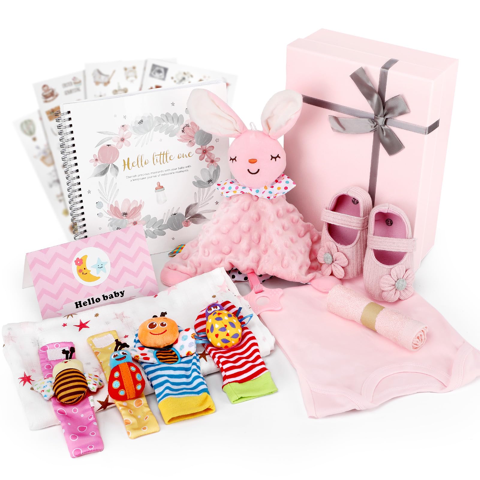 Newborn Baby Gifts-Newborn Essentials, Pink Keepsake Box with Hello Little One Milestone Memory Book, Pink Rabbit Rattle