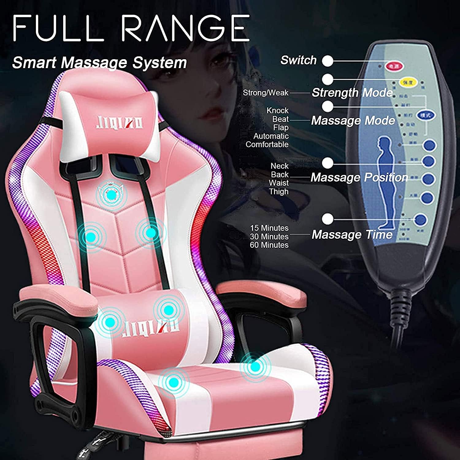 Gaming Chair with LED Light/Pro Gaming Chair with Bluetooth Speakers, Full Massager Lumbar Support and Bluetooth Speaker Video Gaming Chairs LED Lights Load-Bearing 150KG,Pink