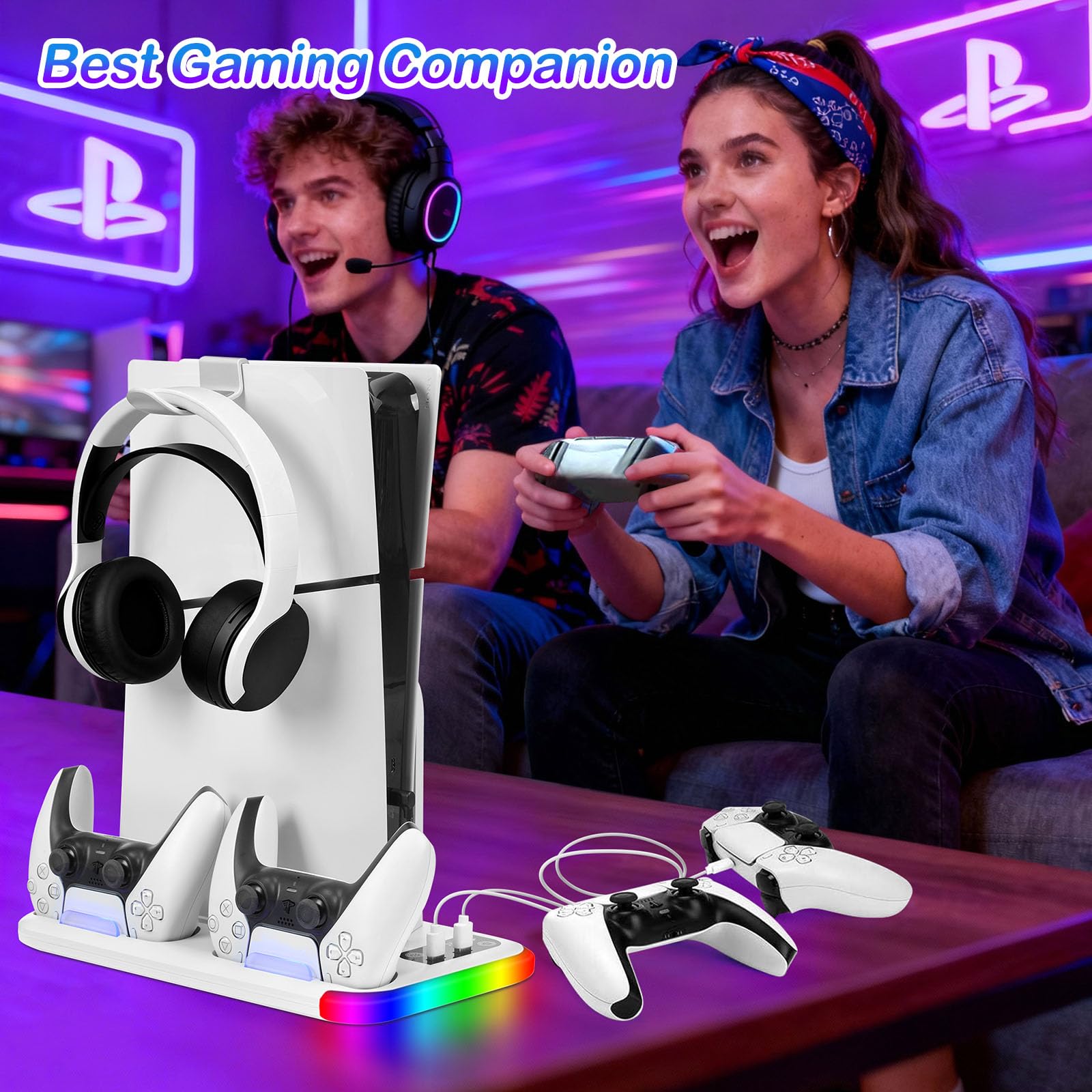 Supporto PS5 Slim/PS5 Pro con Ventola & Luce RGB, PS5 Stazione di Raffreddamento Supporto di Ricarica con Controller Ricarica Stazione di ricarica per PS5-Slim/PS5 Pro Disc & Digitale Edizione