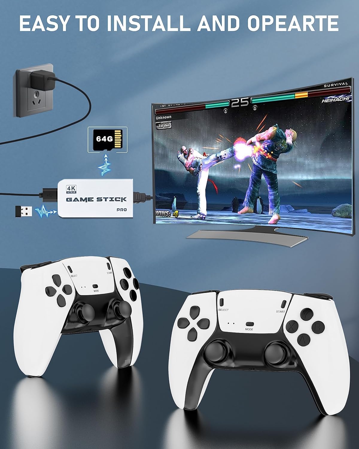 FLUESTON Wireless Retro Game Console Nostalgia Plug & Play Video Game Console 4k,40+ Emulators Console,64GB Built in 10000+ Video Games 2.4G Wireless Controllers 2