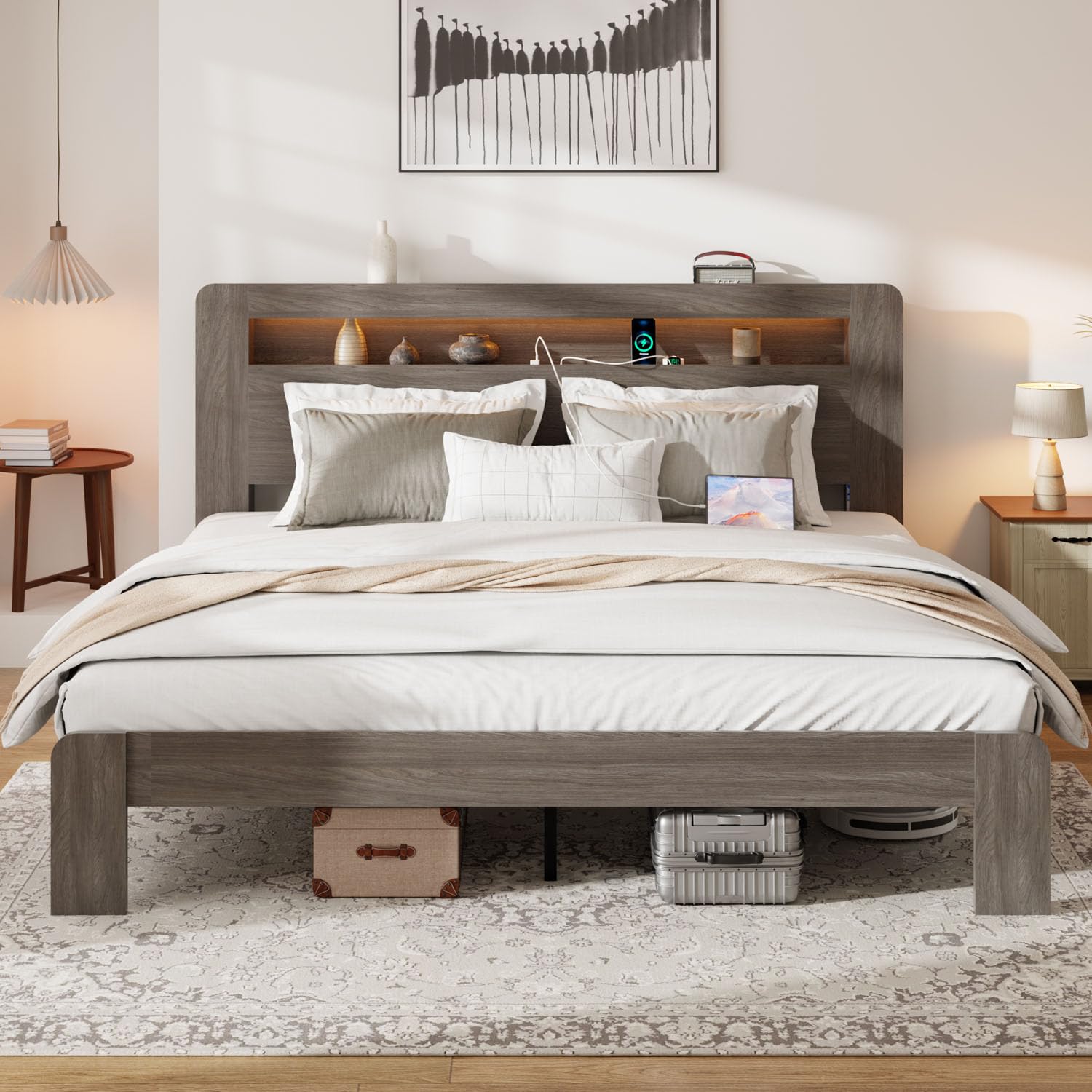 Rustic Farmhouse King Size Wood Platform Bed Frame with Storage Headboard Built-in Charging Station LED Lights No Box