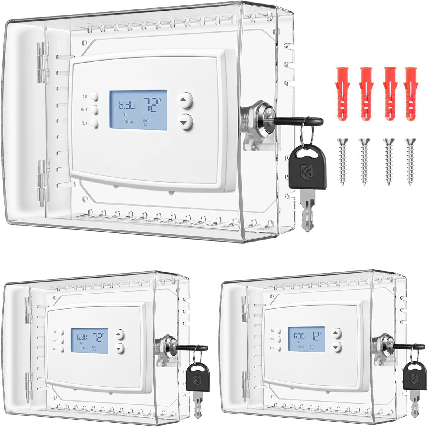 3 PCS Thermostat Lock Box with Key, Large Thermostat Cover with Lock for Thermostat on Wall, AC Control Lock Box Cover with Key, Air Conditioner Lockbox Fits Thermostats 5" H x 6" W or Smaller