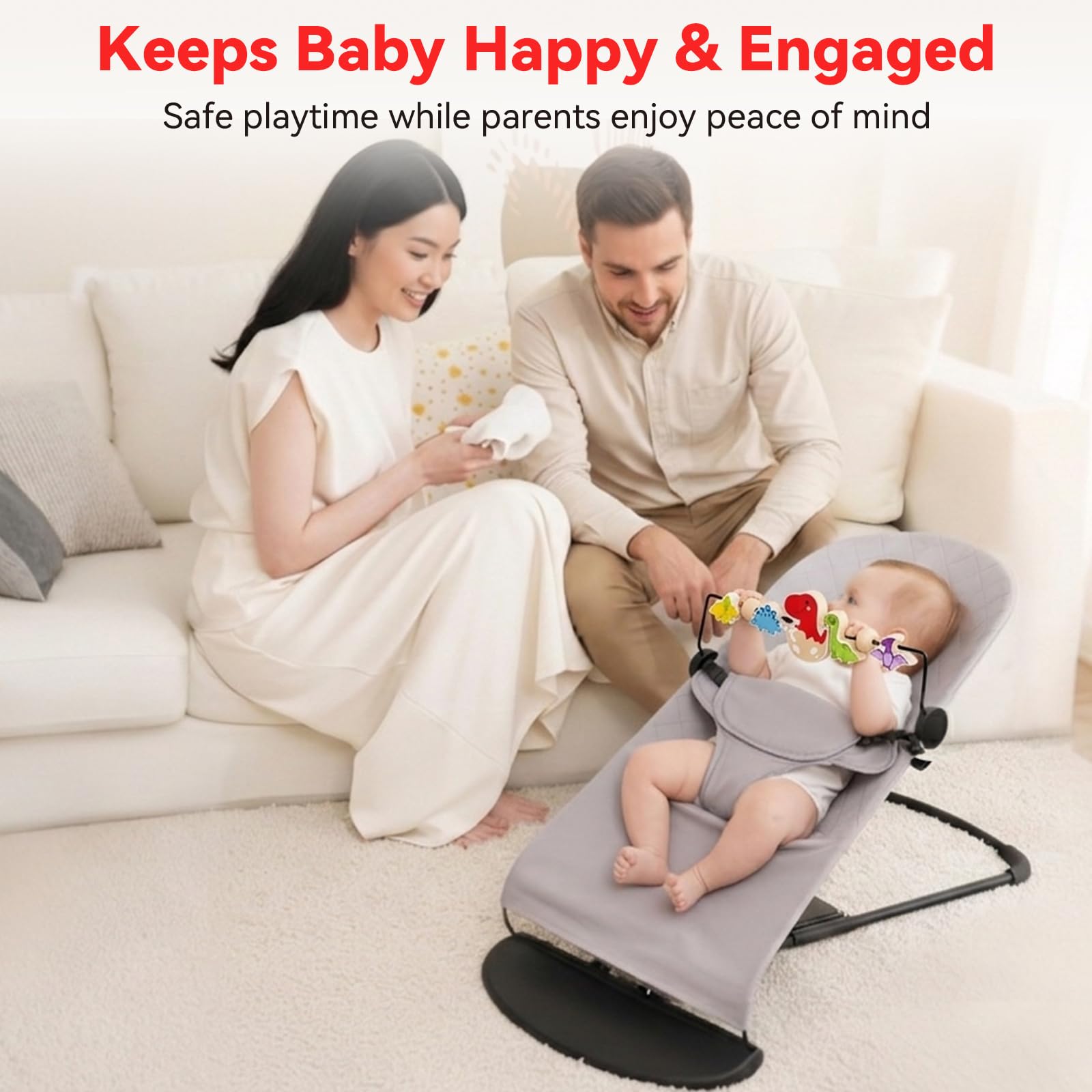 Spielzeug für Babywippe, Kompatibel mit BabyBjorn Wippe Balance Soft & Bliss, Drehbarer Holz Spielbogen für Babys, Sensorisches Entwicklungsspielzeug (Farbige Dinosaurier)