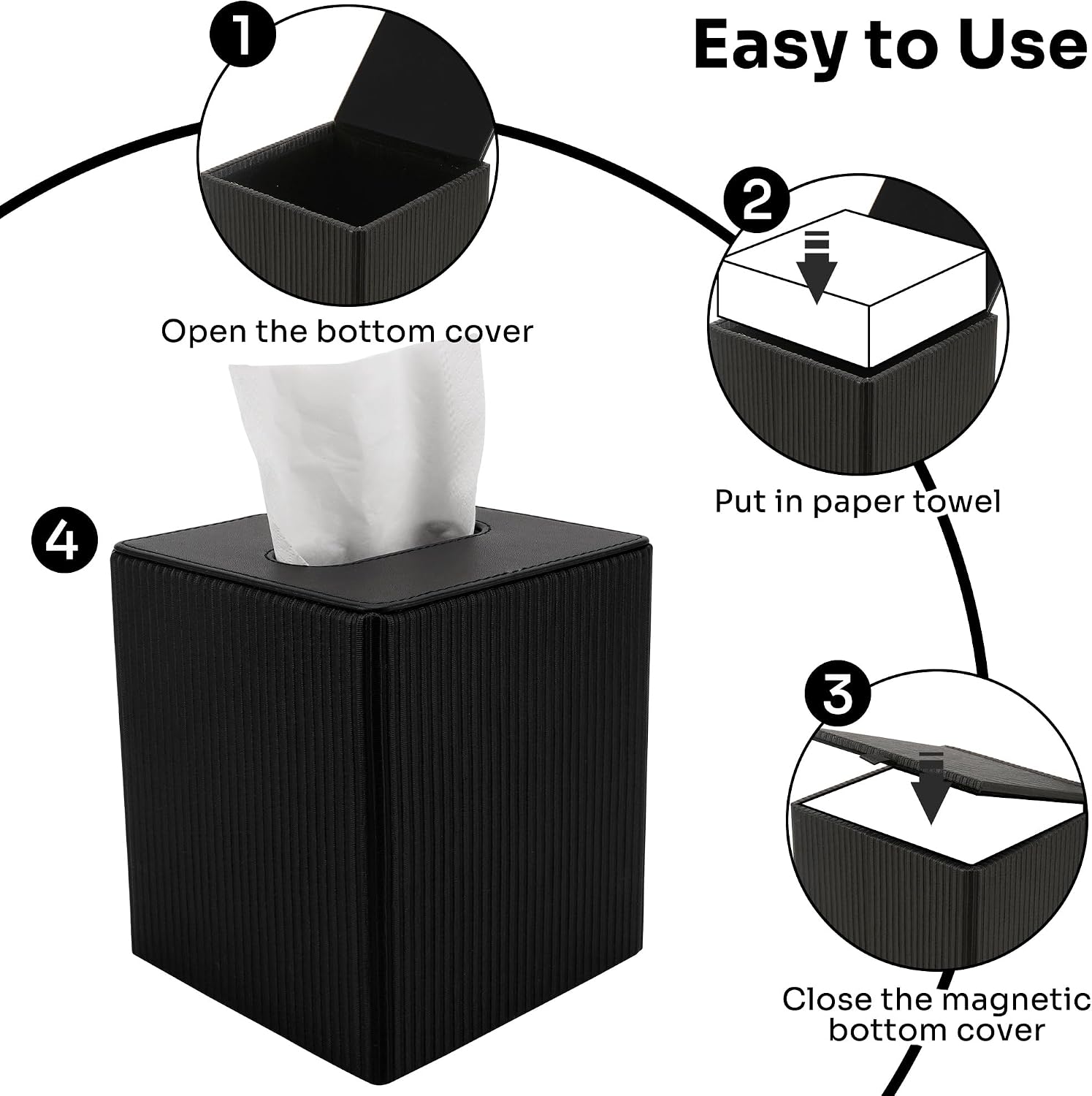 Vertical Stripe Tissue Box Cover Cube – Ribbed PU Leather Square Holder, Magnetic Bottom Napkin Dispenser for Modern Office, Car, Desk (Black)