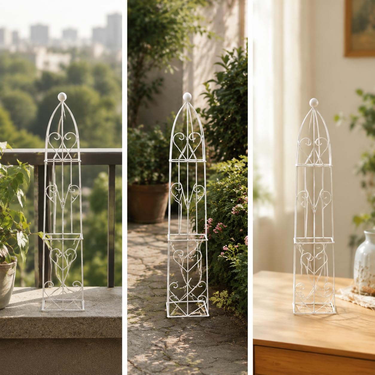 Traliccio per rampicanti da esterno a forma di cuore – Graticcio decorativo in metallo, sostegno per piante da giardino, set da 3 pezzi, Set di tre tralicci a cuore bianchi, Piccolo