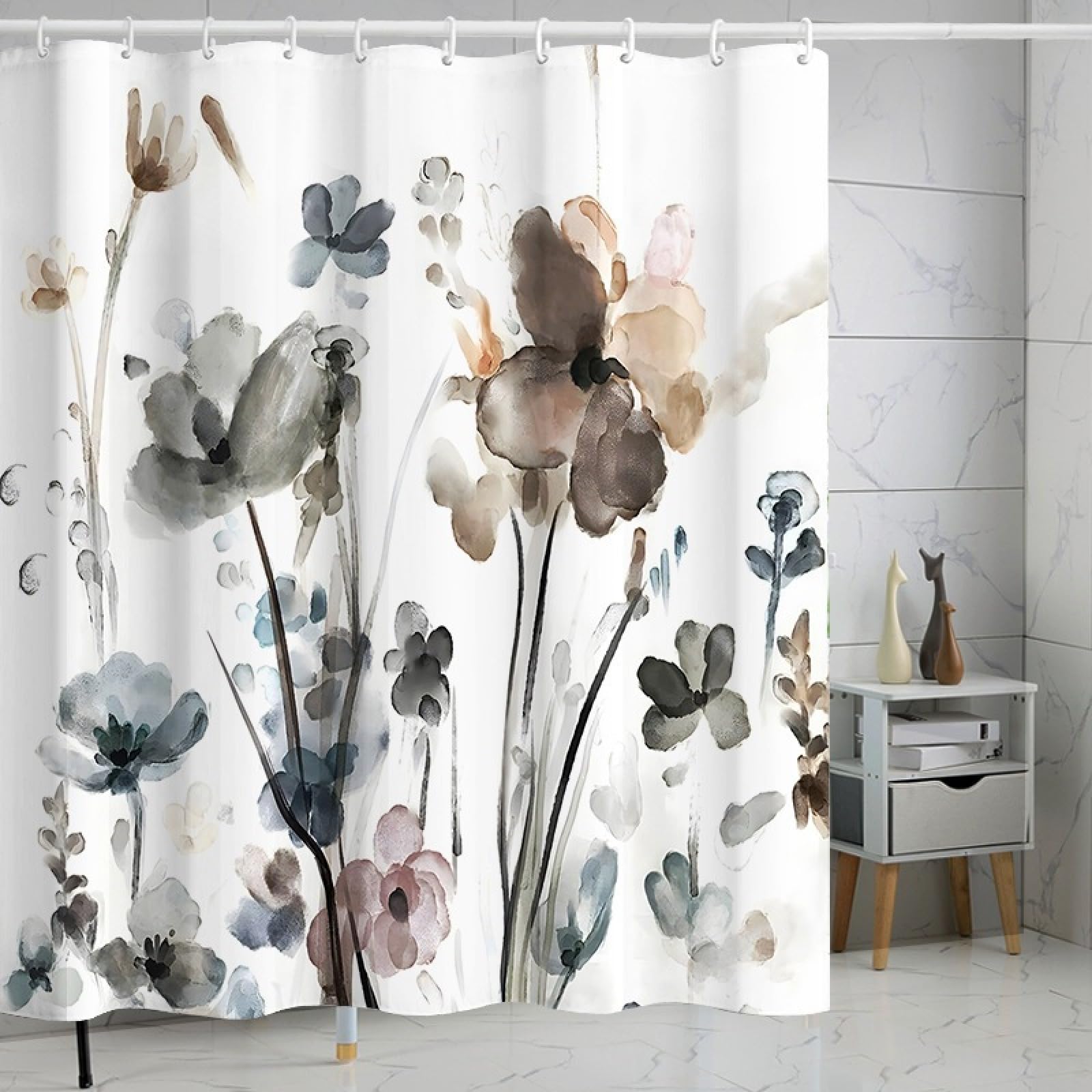 Shower Curtains Grey Brown Flower Wet Room Shower Curtain Mould Proof Resistant Waterproof Polyster Fabric Washable with 12 Hooks Garden Bathroom Curtains (180x200cm)
