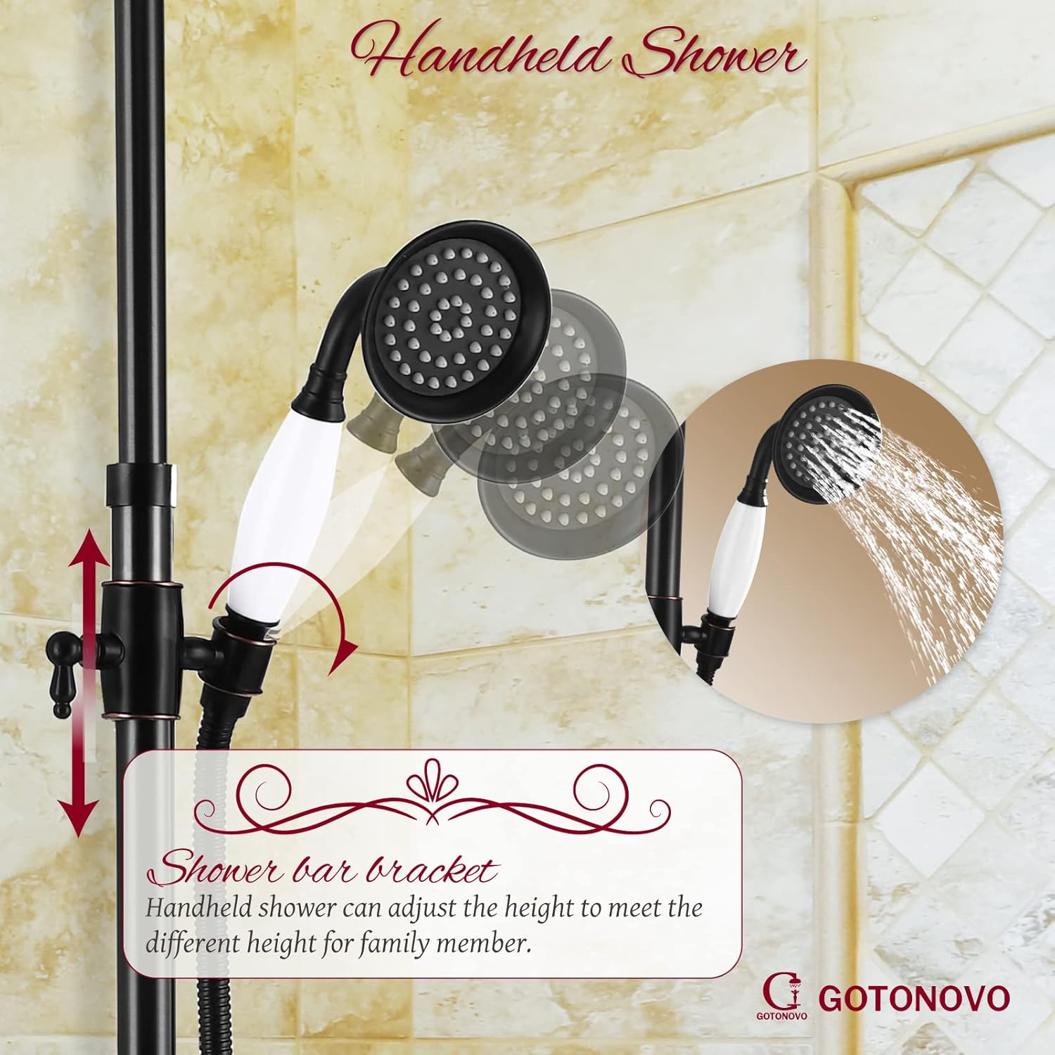 Gotonovo Oil Rubbed Bronze Shower Faucet Fixture - 8 Rain Shower, Double Knobs, Triple Function Tub Spout Combo Unit Set - 12 Inch Extension Included