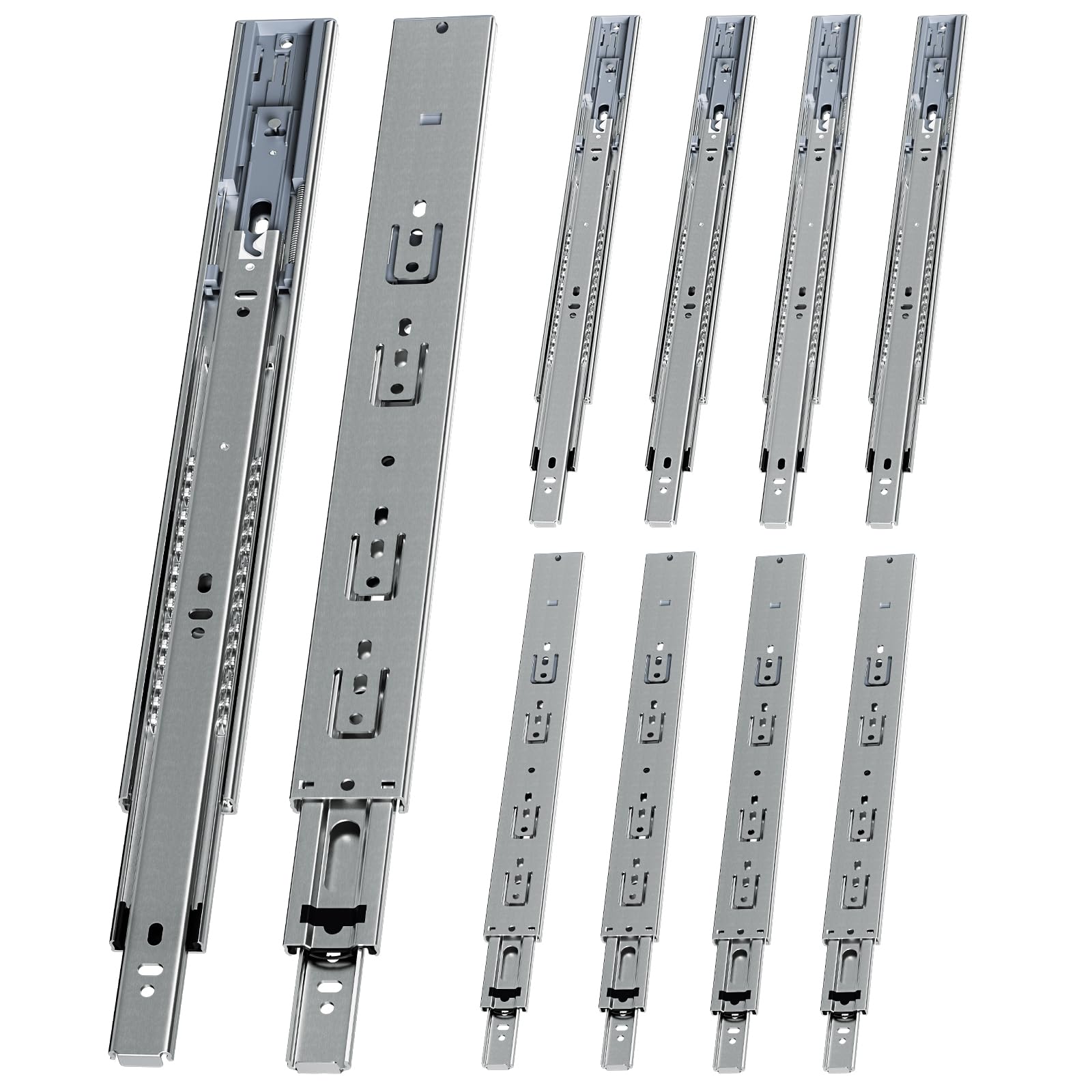Guías para cajones (400 mm, cierre suave, 5 pares, 10 unidades) | Capacidad de carga de 45 kg, rodamiento de bolas, auto-cierre, fácil montaje, para armarios de cocina, cajones y muebles