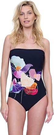 Gottex Enchanted Sun Womens Floral Multi Bandeau One Piece Swimsuit with Soft Cups and Tummy Control Adjustable Straps