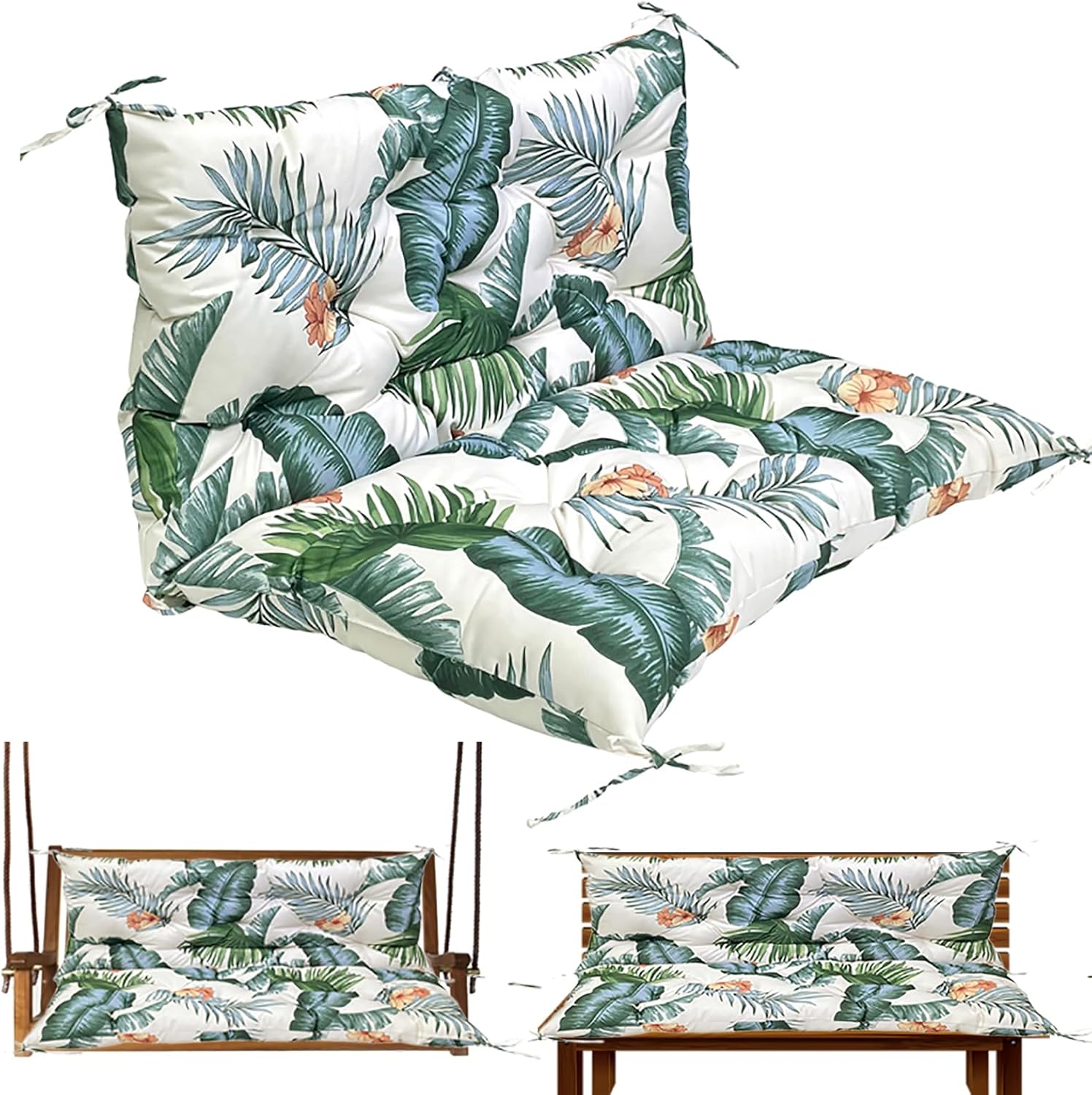 Gollense Porch Swing Cushions, 3 Seat Outdoor Swing Cushion Replacement with Backrest, 60 x 40 x 4 Inches Bench Cushion with 8 Ties for Outdoor Furniture for Patio, Backyard, Garden, Hawaii