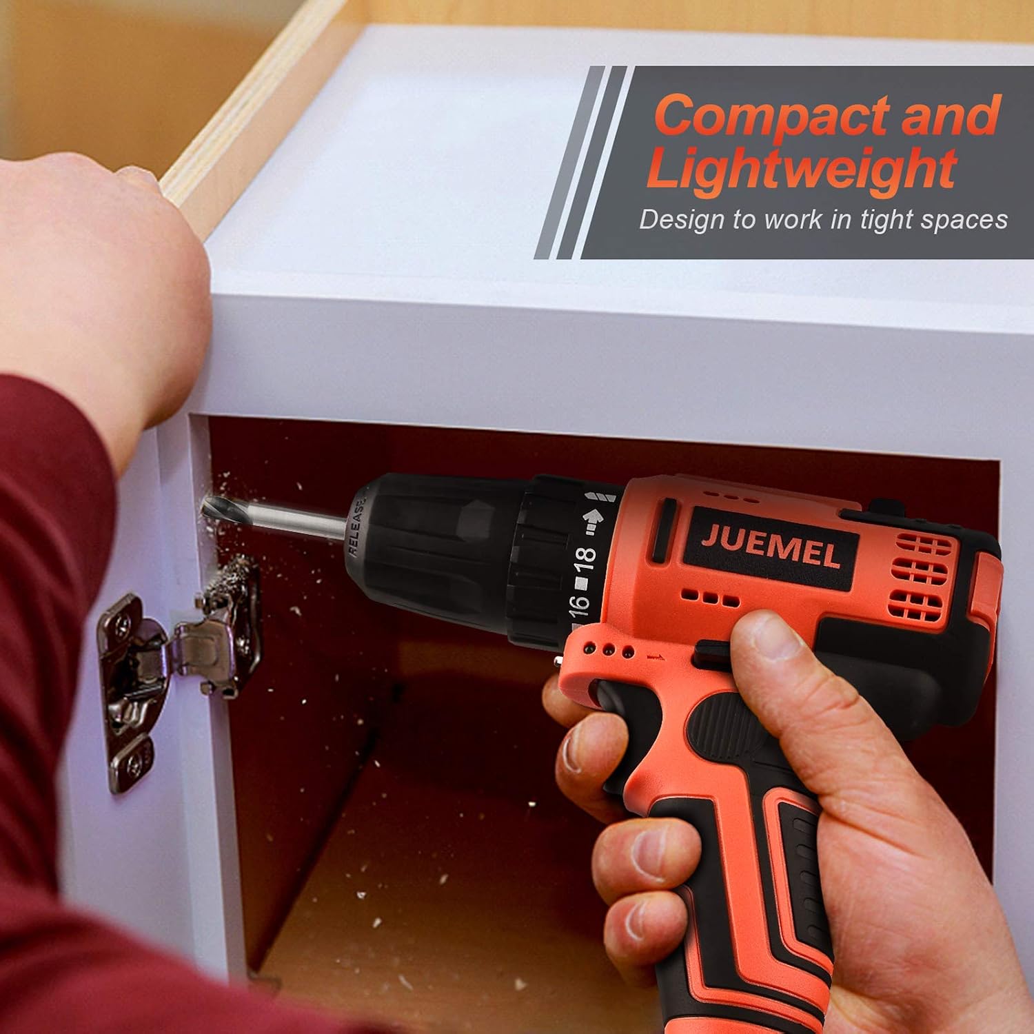High Torque Brushless Drill, JUEMEL Cordless Power Drill Driver Set, Lithium-ion Electric Drill with 3/8'' Keyless Chuck, 430 in-lbs, 18+1 Clutch and 0-2200 RPM Variable Speed for Wood, Cement, Metal