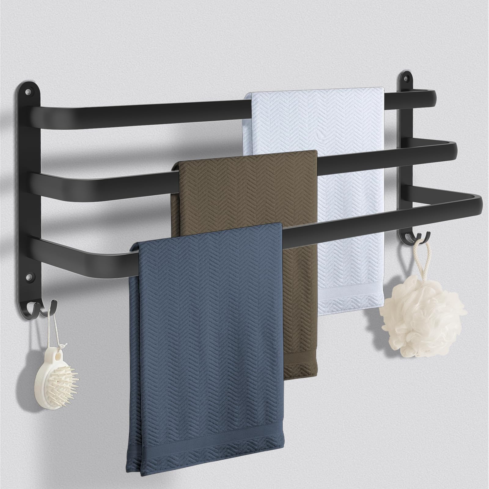 Toallero negro 80 cm, toallero sin taladrar, toallero de aluminio, montaje en pared, barra de 3 pisos con ganchos, toallero para baño, cocina, baño, accesorios