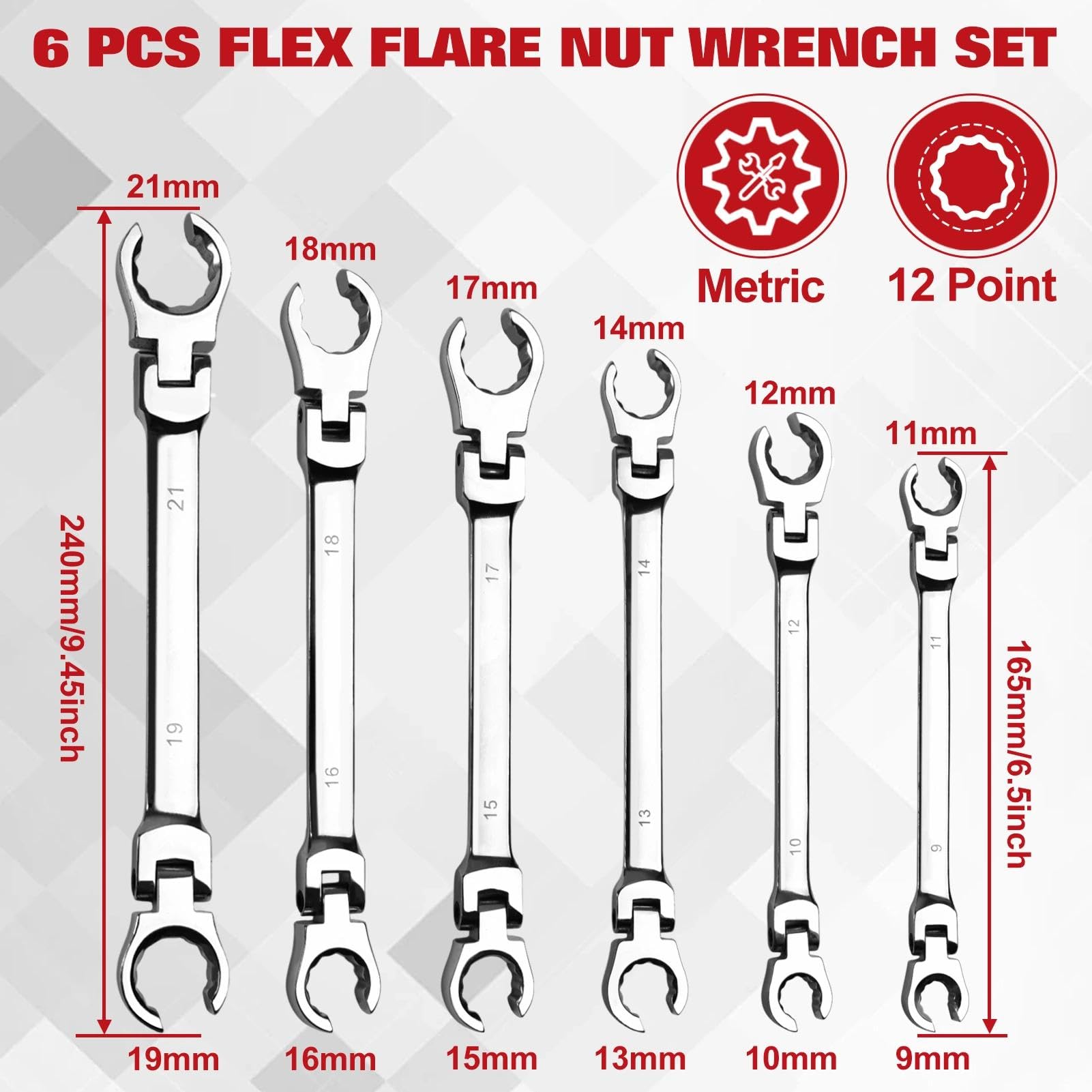 LEONTOOL Jeu de 6 clés à écrous évasés à tête flexible Métrique 9, 10, 11, 12, 13, 14, 15, 17, 18, 19, 21mm | Clé de conduite de frein à double extrémité ouverte 40 Cr pour l’automobile, la plomberie