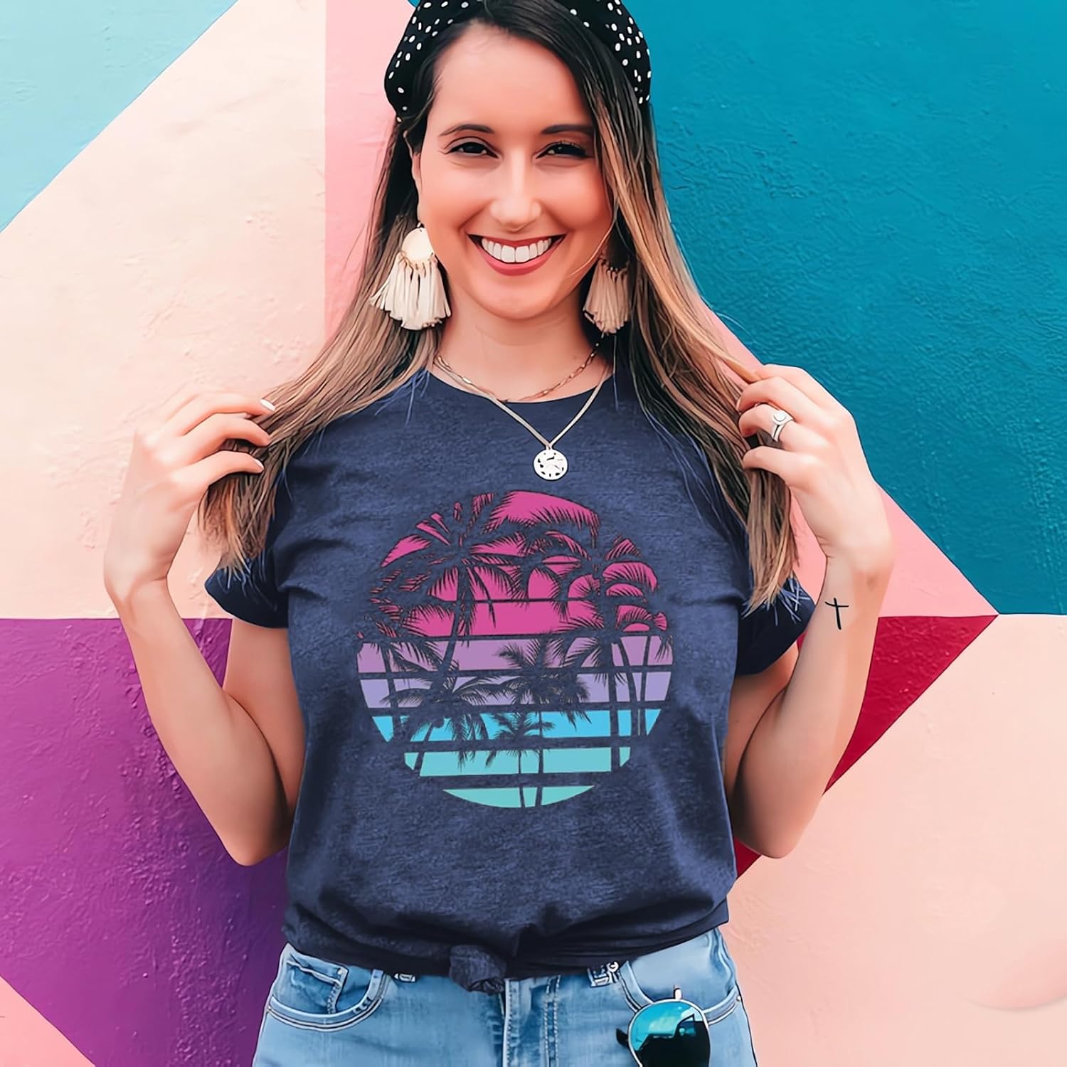 Hawaiian Shirts for Women Palm Trees Graphic Tees Summer Beach Vacation Tops Short Sleeve Casual Tshirt - Image 2