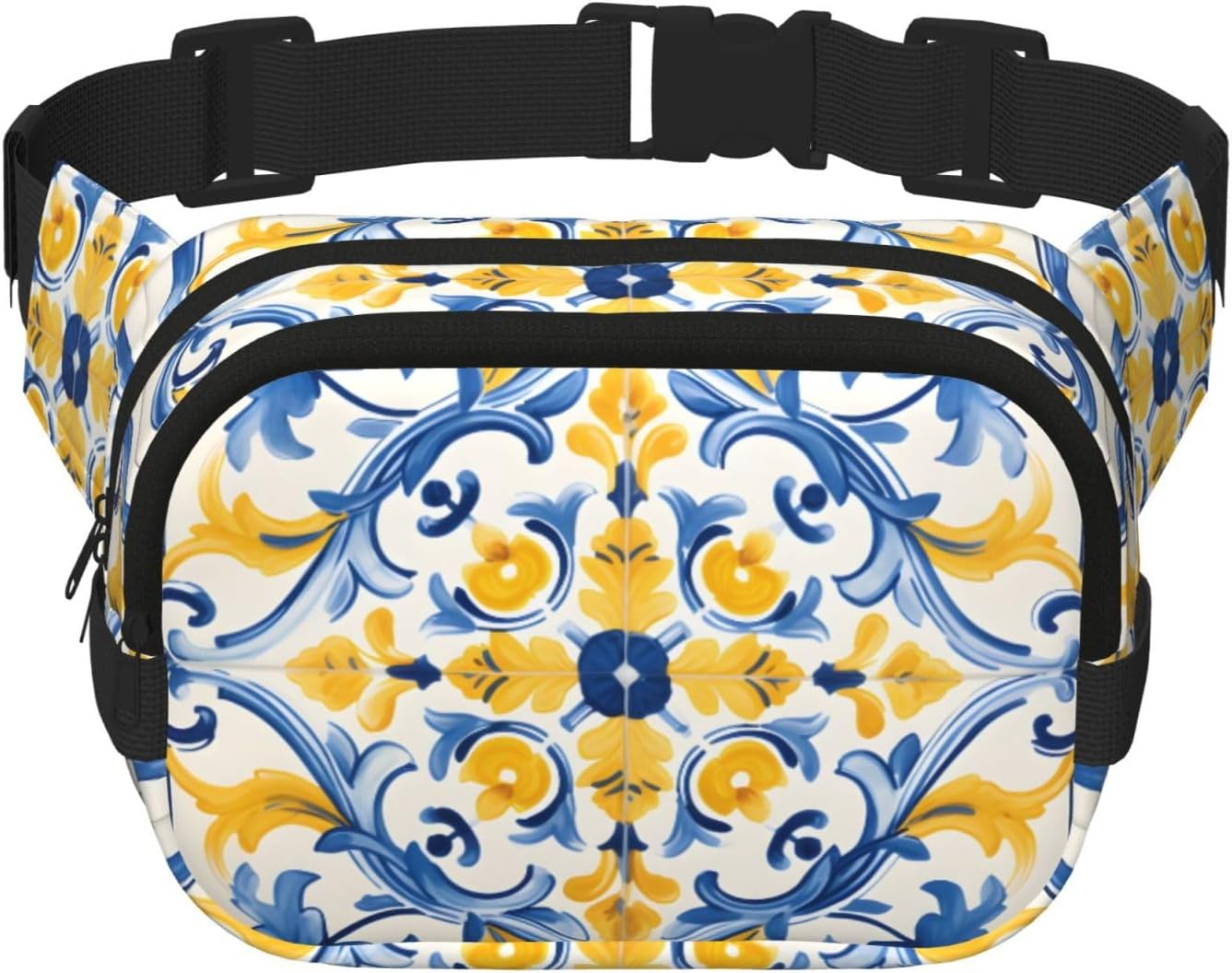 Yellow Blue Ornament Tiles Fanny Pack for Women Men Fashion Waist Packs with Adjustable Strap Crossbody Belt Waist Bag for Hiking Running Travel