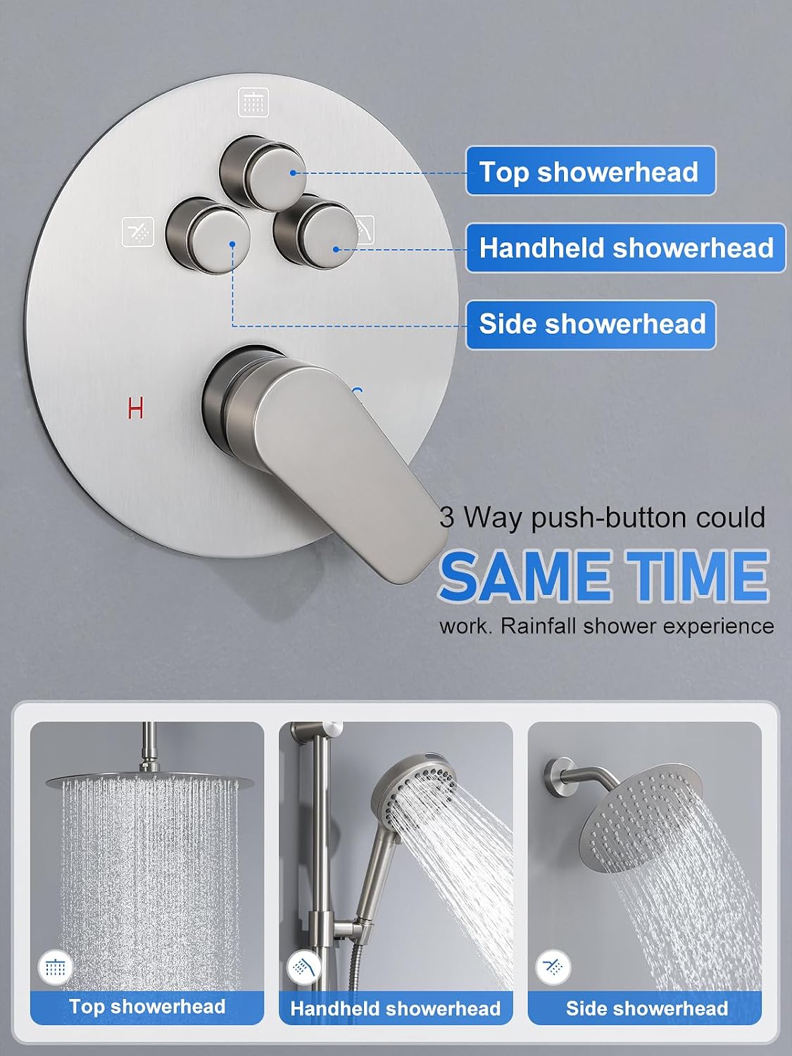 Shower Faucet Set with Slide Bar, 12" Rain Shower Head/8'' Side Shower Head and 10-Spray Combo Handheld Ceiling Mount 3 Push Button Diverter Complete Rainfall Shower System Included Valve Trim Kit