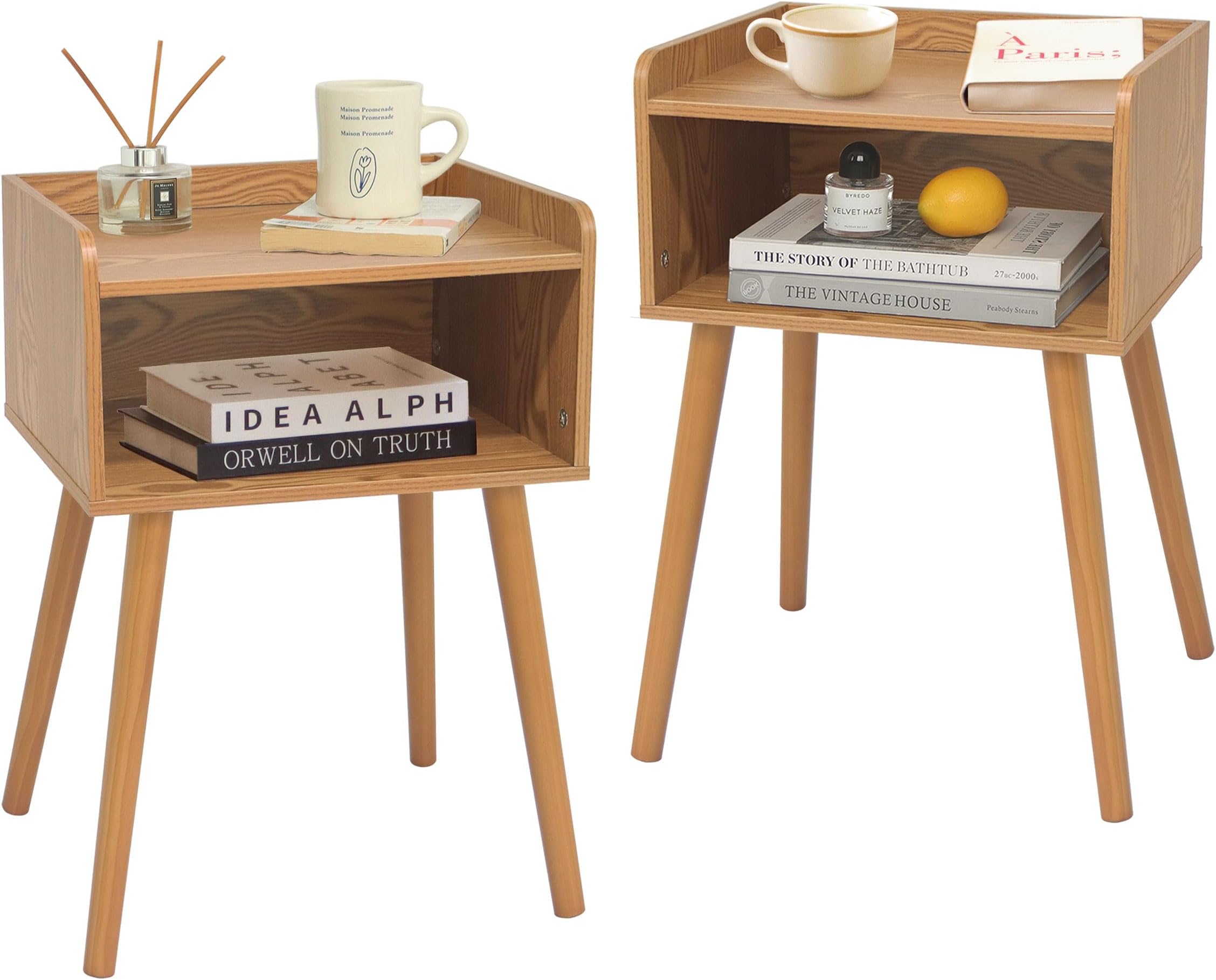 MaxSmeo Nightstands Set of 2, Mid Century Modern Side Table Bedroom with Storage, Small End Bedside Table Set of 2 with Solid Wood Legs for Living Room, Office Small Spaces (Brown)