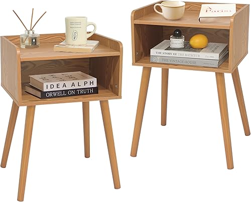 Miniatura 45 de MaxSmeo Mesita de noche, moderna de mediados de siglo, mesa auxiliar para dormitorio con almacenamiento, mesita de noche pequeña con patas de madera