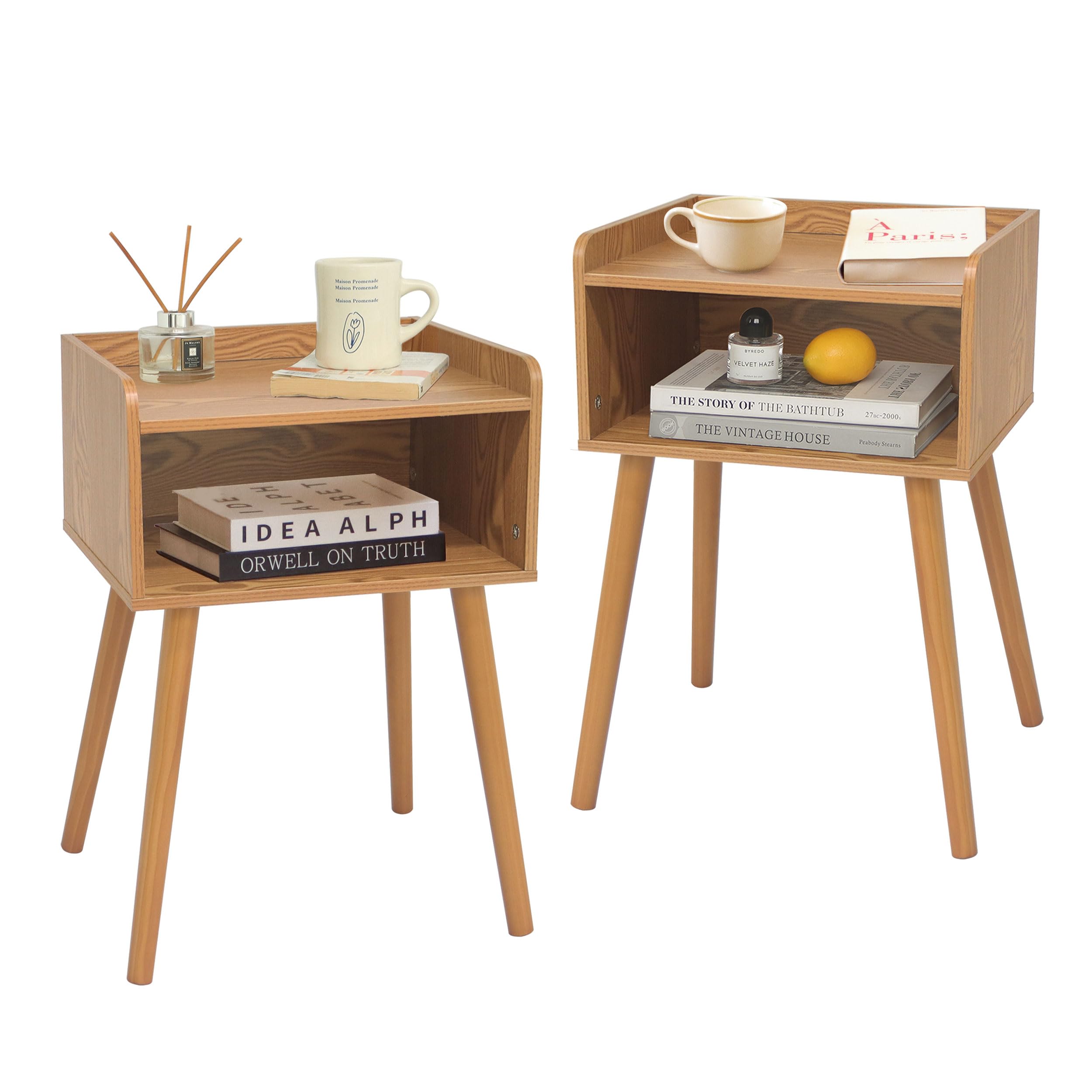MaxSmeo Nightstands Set of 2, Mid Century Modern Side Table Bedroom with Storage, Small End Bedside Table Set of 2 with Solid Wood Legs for Living Room, Office Small Spaces (Brown)