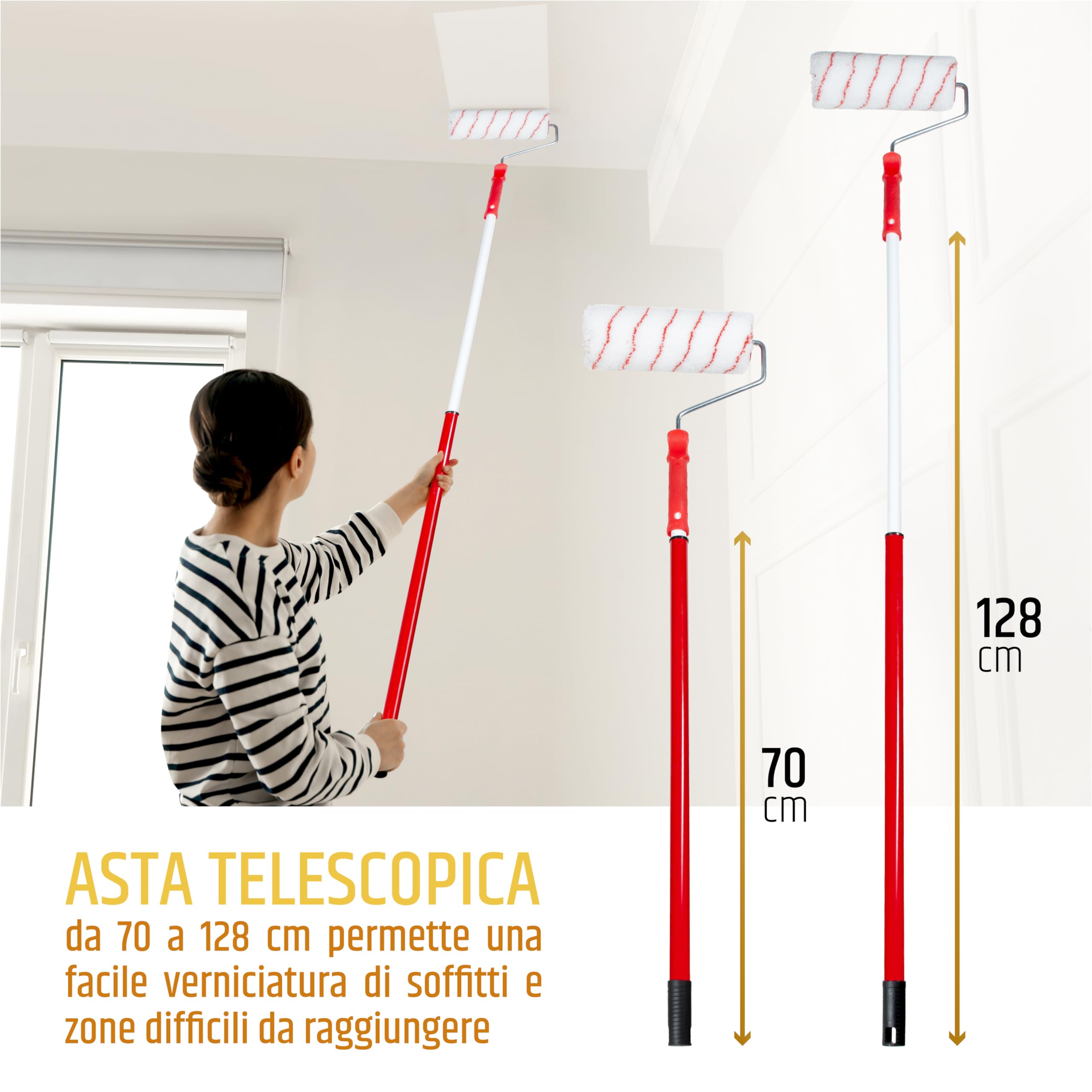 PENNELLIFICIO 2000 | Rullo in Poliammide con Asta Telescopica da 128 cm, per Pareti Ruvide e Molto Ruvide, Idropittura, Quarzi, Pitture minerali, L 24 cm, ⌀ 5,5 cm – Made in Italy