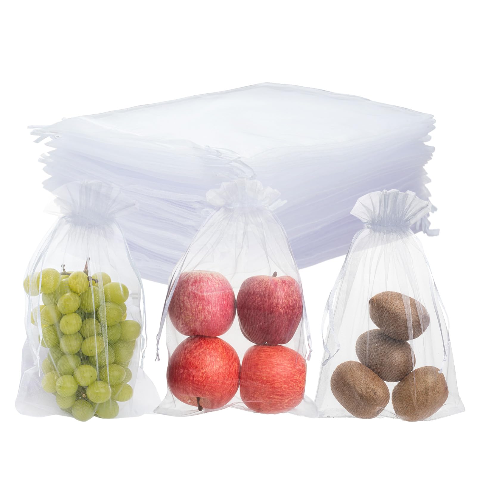 QPRETTY DU 100 szt. torebek z organzy, 20 x 30 cm, białe torby ochronne na owoce, siatka ze sznurkiem, ochraniacze na owoce, do winogron, mango, drzew owocowych, warzyw, ogrodu, 100 szt