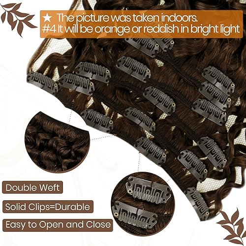 Miniatura 4 de Hetto Extensiones de cabello humano rizado con clip, color marrón natural, extensiones de cabello ondulado color marrón oscuro #4, extensiones de