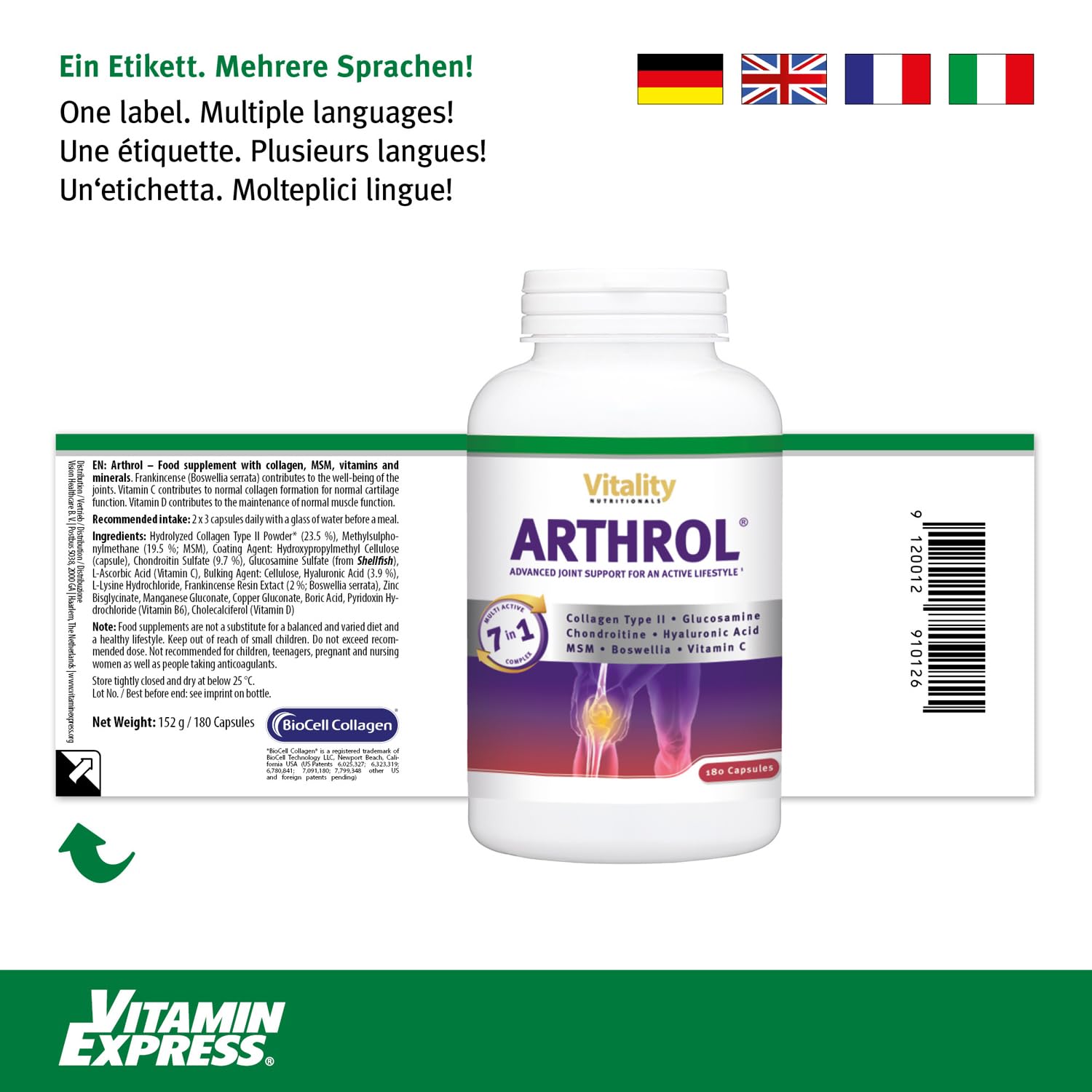 Arthrol gélules pour les articulations à forte dose avec MSM, collagène, glucosamine, hyaluron sans additifs, 180 capsules, douleurs articulaires, acides aminés. Vitality Nutritionals by