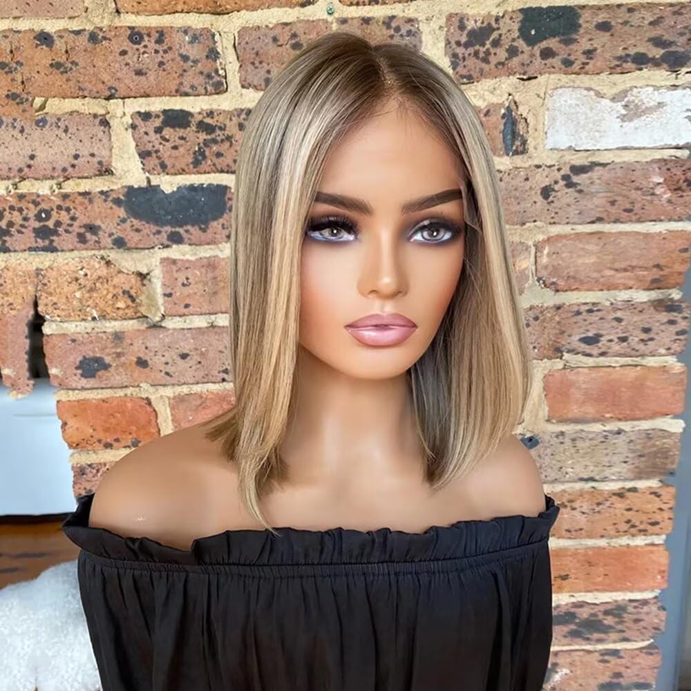 Short Straight Bob HD Transparent Lace Wigs Brazilian Virgin Human Hair Wig Medium Ash Blonde Highlights Glueless Lace Wig Rooted 13x4 Invisible Lace Front Baby Hair Wig Pre Plucked 150% Density