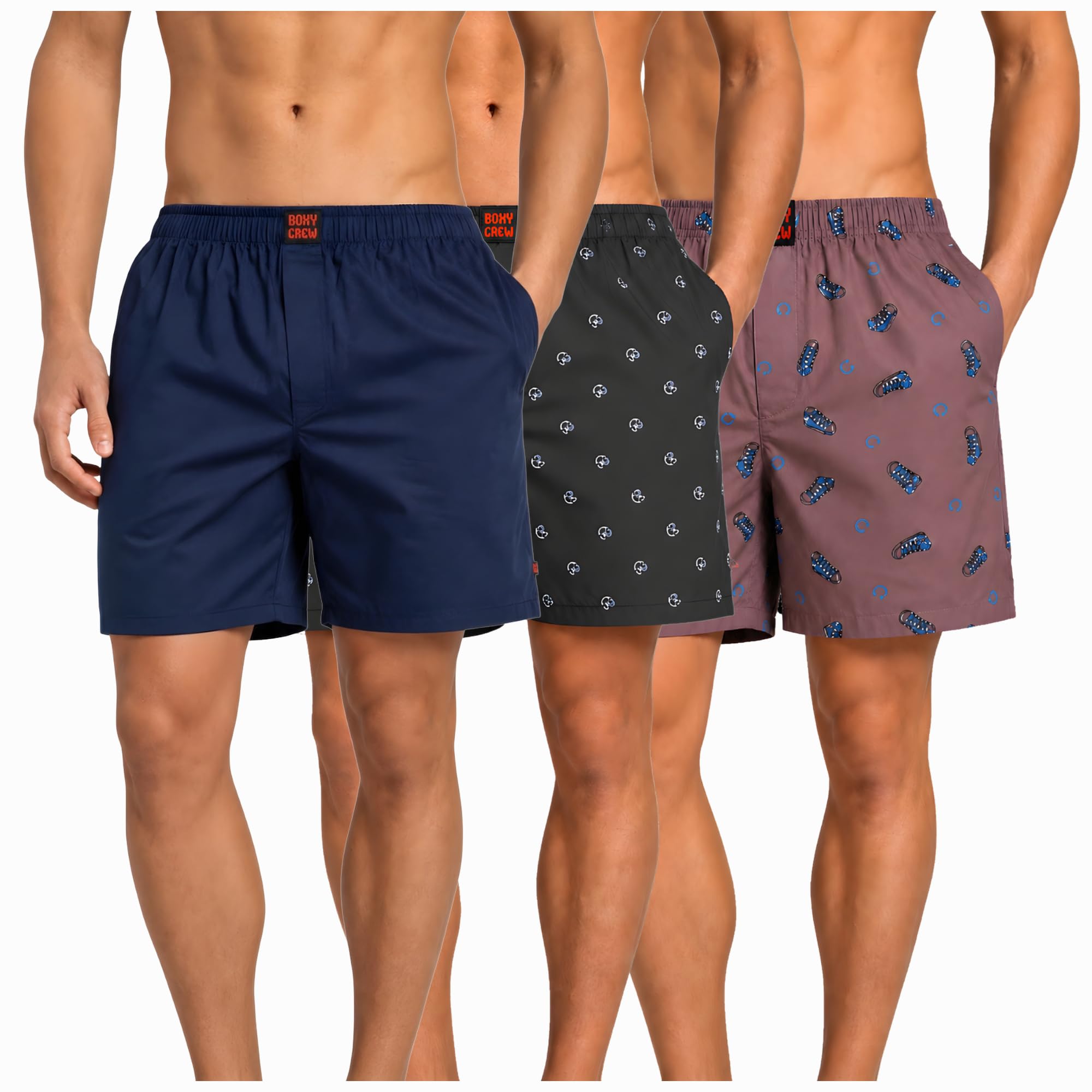 Men's 100% Cotton Boxer Shorts Pack of 3, Navy Blue, Navy Blue & Mauve | Woven Boxers with Side Pockets, No-Marks Elastic Waistband, Breathable Relaxed Fit | Style 002-009-015-image-48