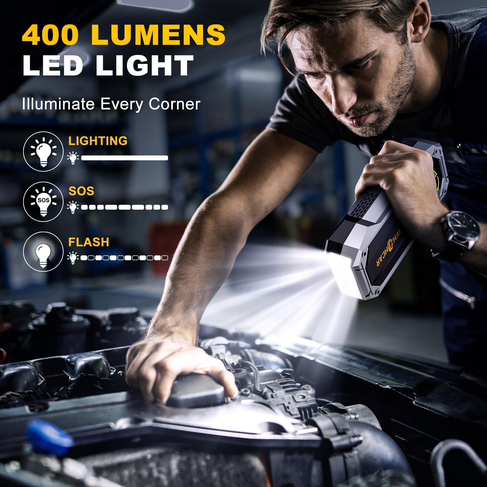 Arrancador de Coches 8000A Compresor de Aire 150PSI Arrancadores de Bateria de Coche 12V (hasta 12L de diésel o All de Gasolina) Jump Starter con Lumen LED Clips de Seguridad Inteligentes Carga Rápida