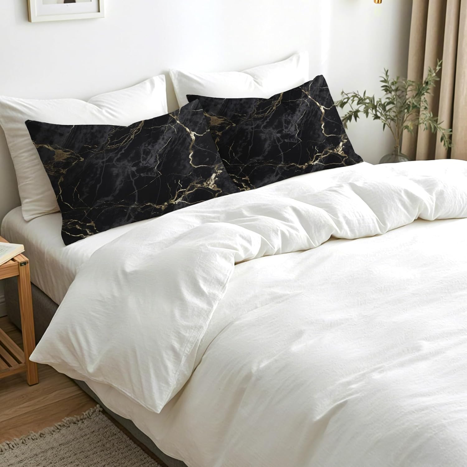 Marble Pillow Cases King Size Set of 2 - Soft Breathable Microfiber Pillowcases with Envelope Closure, Black and Gold Modern Abstract Patterned Pillow Covers, Marble Gifts