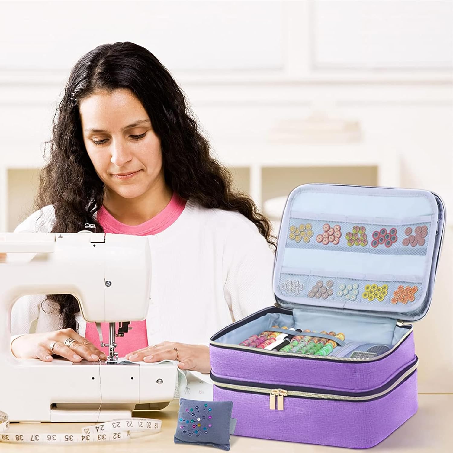 Meichoon Sewing Supplies Storage Bag Large Capacity Designed with Double-Layer Structure with Multiple Pockets and Compartments Inside DIY & Well Organized Waterproof Protective Convenient Purple