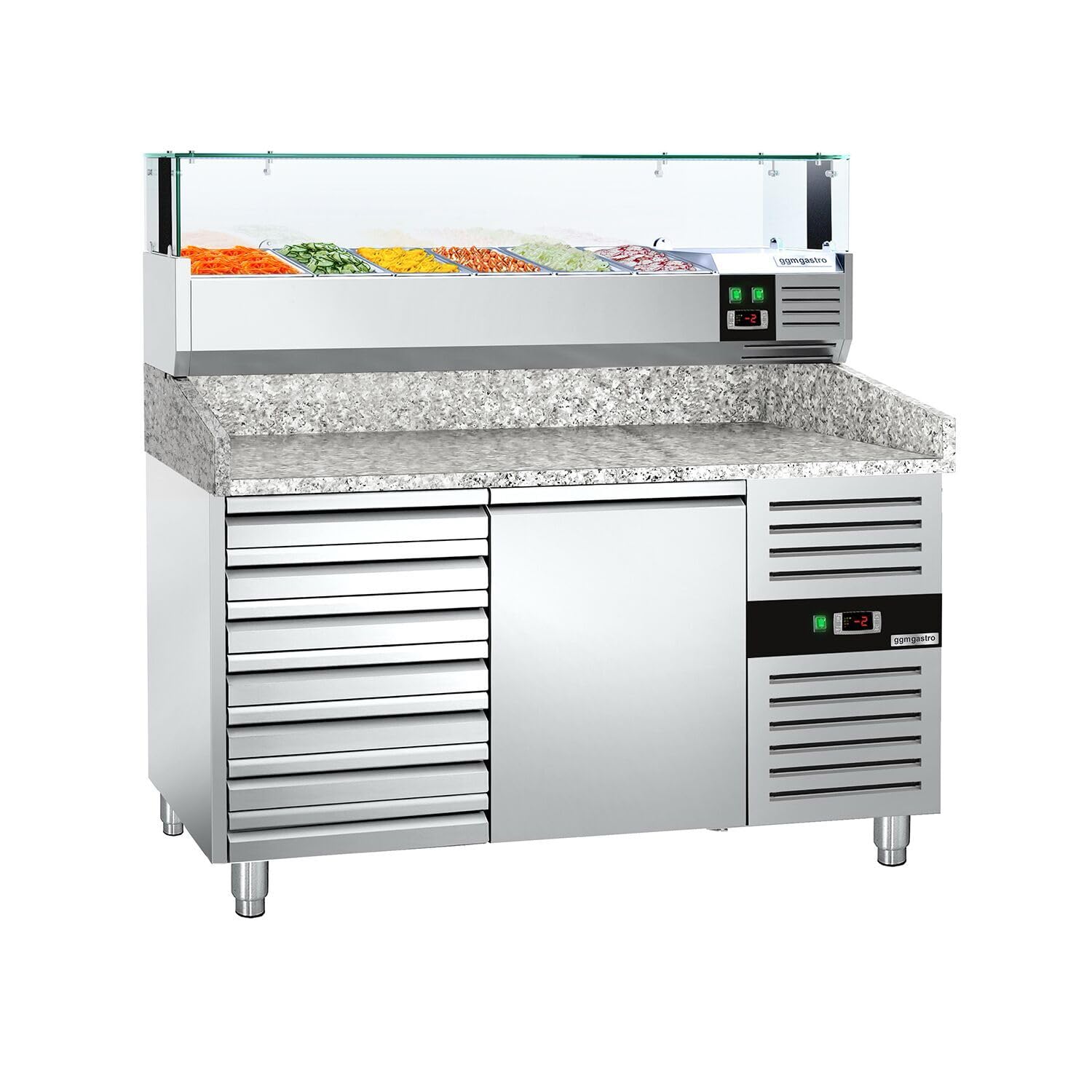 GGM Gastro | POS158SND#AGS154LND | Kühltisch für Pizza Premium – 1500 x 800 mm – mit 1 Tür & 7 Schubladen – Kühlvitrine LED inklusive – 5 x GN 1/3 + 1 x GN 1/2