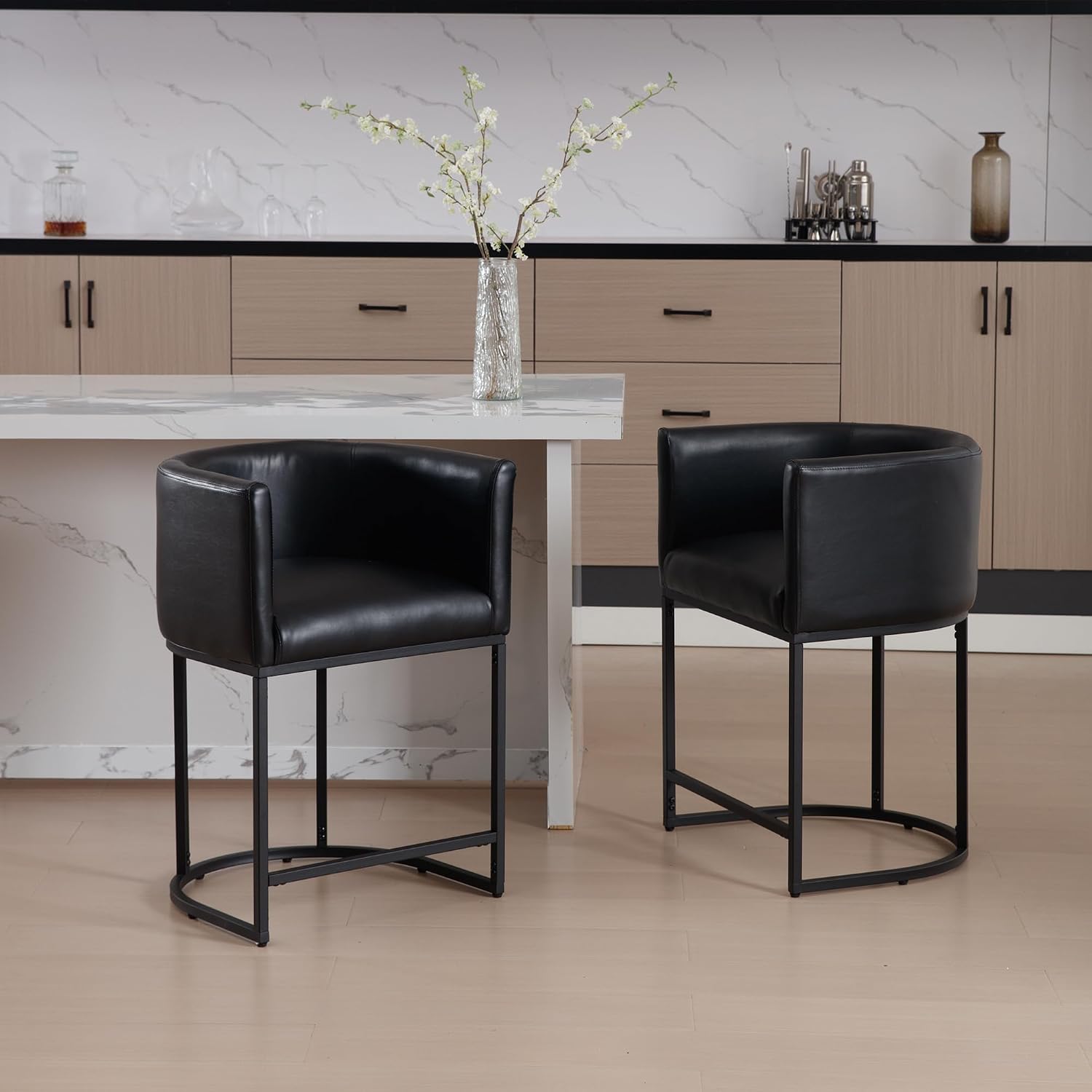 WAHSON OFFICE CHAIRS Faux Leather Barrel Bar Stools Set of 3, Black Modern Bar Stools, 24" H Mid Century Upholstered Bucket Bar Chair Stools for Kitchen Island, with Black Metal Tubular Frame