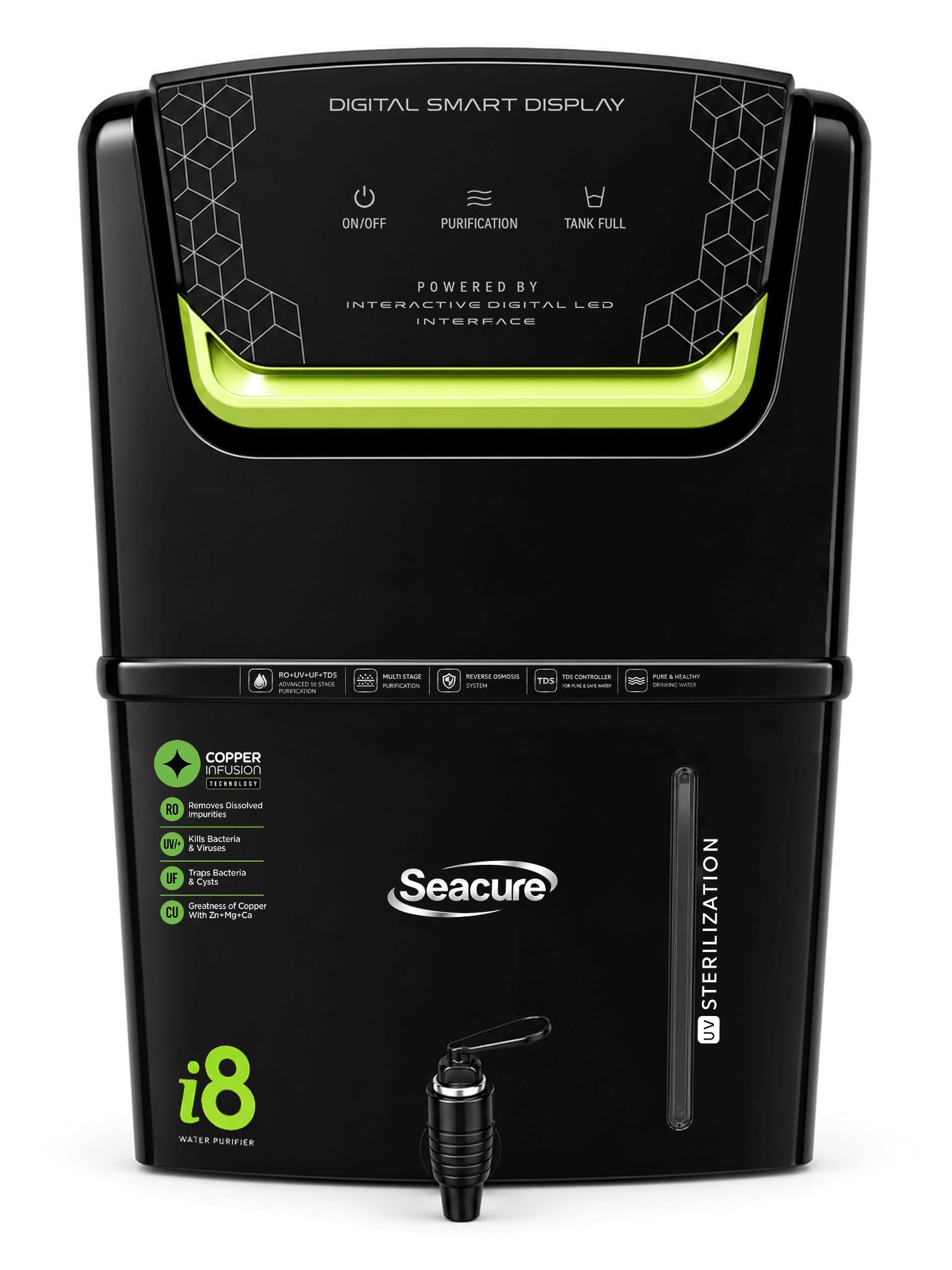Aqua i8 Digital Display RO Water Purifier for Home | RO+UF+UV+TDS+4X Zinc Booster | 12L Storage | No Service Needed for 2 Years | ISI Certified | Multi Water Source Support | Neon Green-image-1