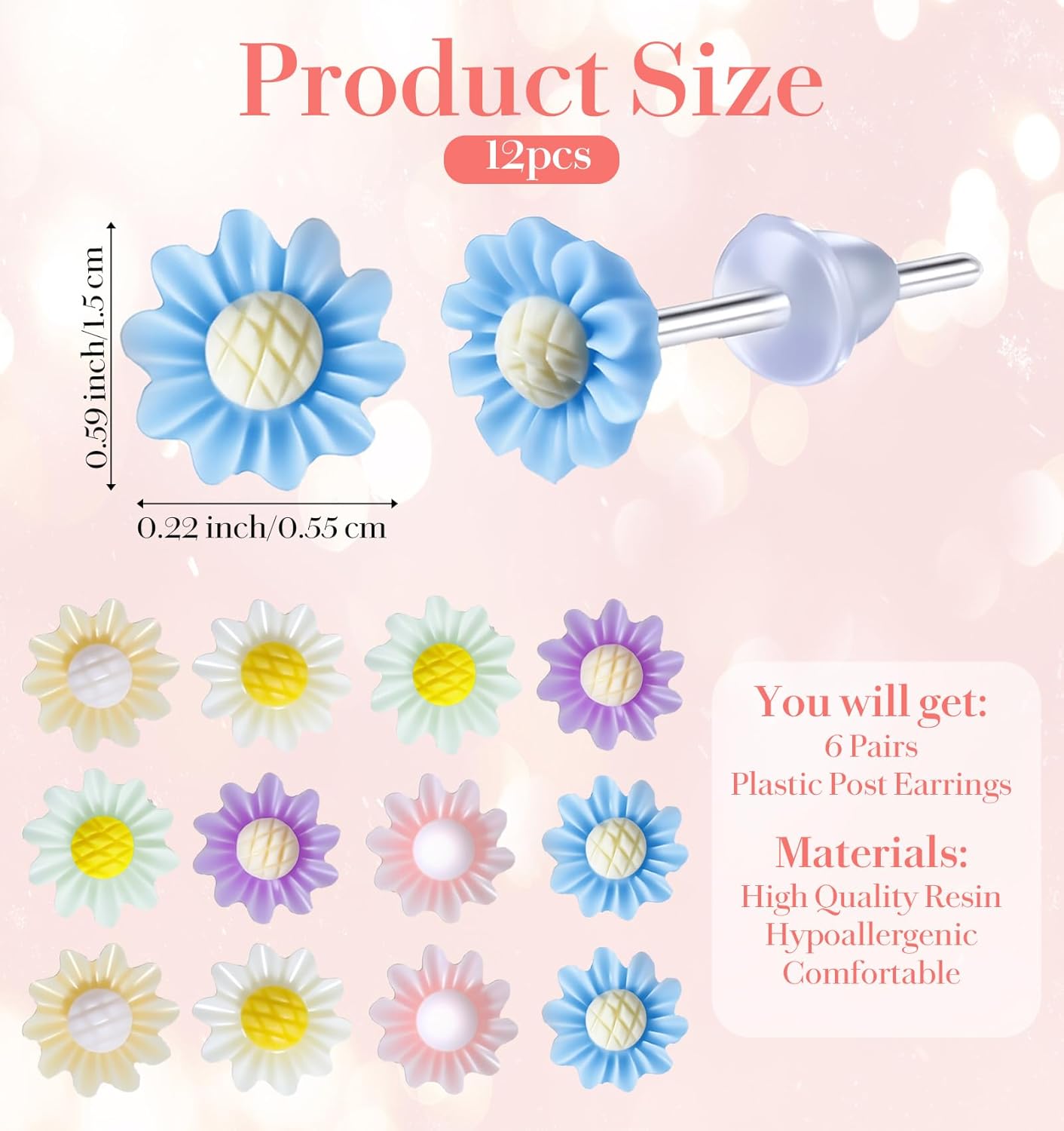 12 Pairs Plastic Post Earrings, 0.22 Inch Flower Plastic Stud Earrings for Women Girls for Sensitive Ears for Daily Wear (Multicolor) - Image 3
