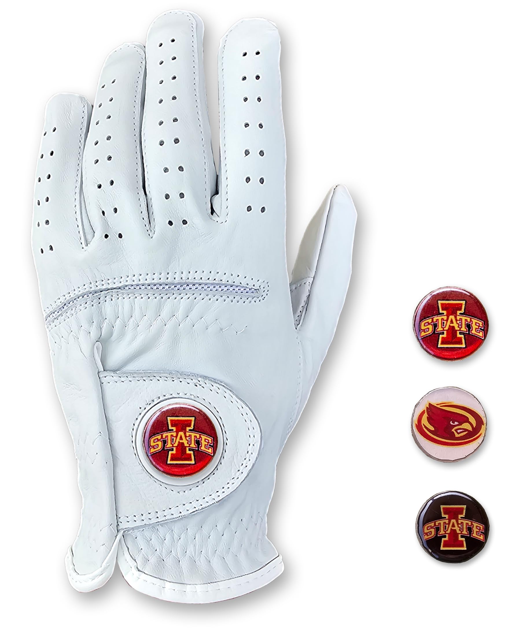 Iowa State Cyclones ISU Cabretta Leather Golf Gloves with 3 Magnetic Ball Markers. RH & LH Men's & Youth Boys Golf Gloves