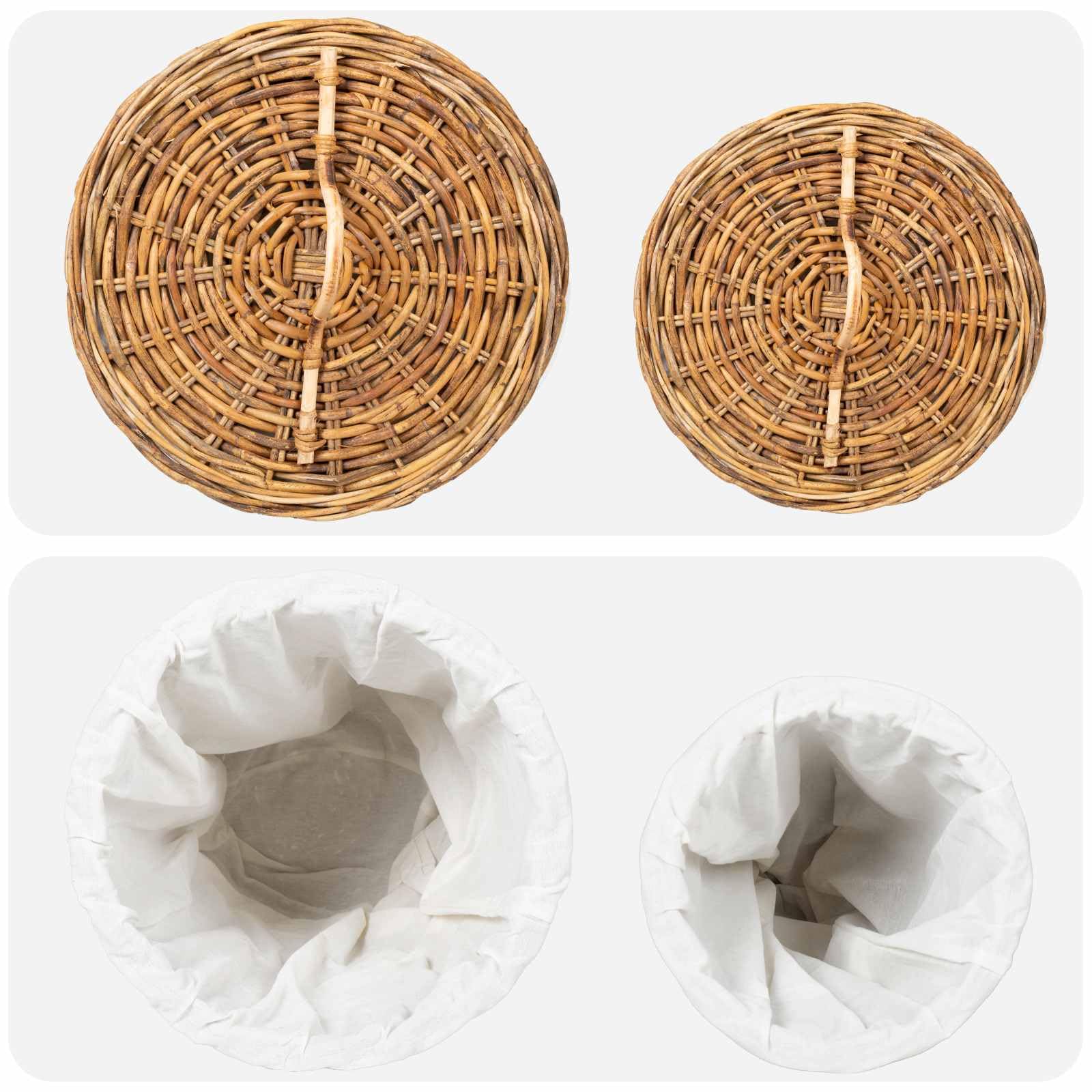 Generico Wäschekorb 2 Stück Braun Rattan Kubu mit Deckel, Set mit 2 Wäschekörben aus Naturfaser mit Belacu-Stoffbezug und Griffen, Größe 42 x 60 cm