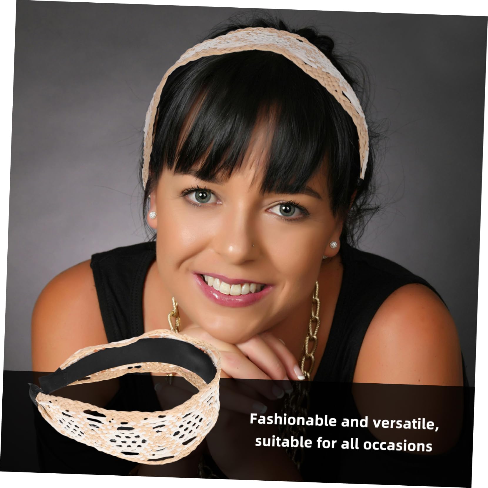 Bandeau pour Cheveux Femme Large en Raphia Beige Tressé Confortable Style Vintage Bohème pour Tenues de Plage et Occasions Variées