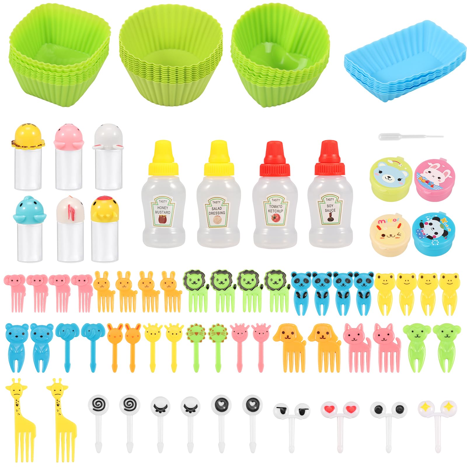 XYTZHSAI 105 Pcs Silicone Food Box Dividers & Accessories for Kids, Including Reusable Silicone Cupcake Liners, Sauce Bottles & Animal Food Picks
